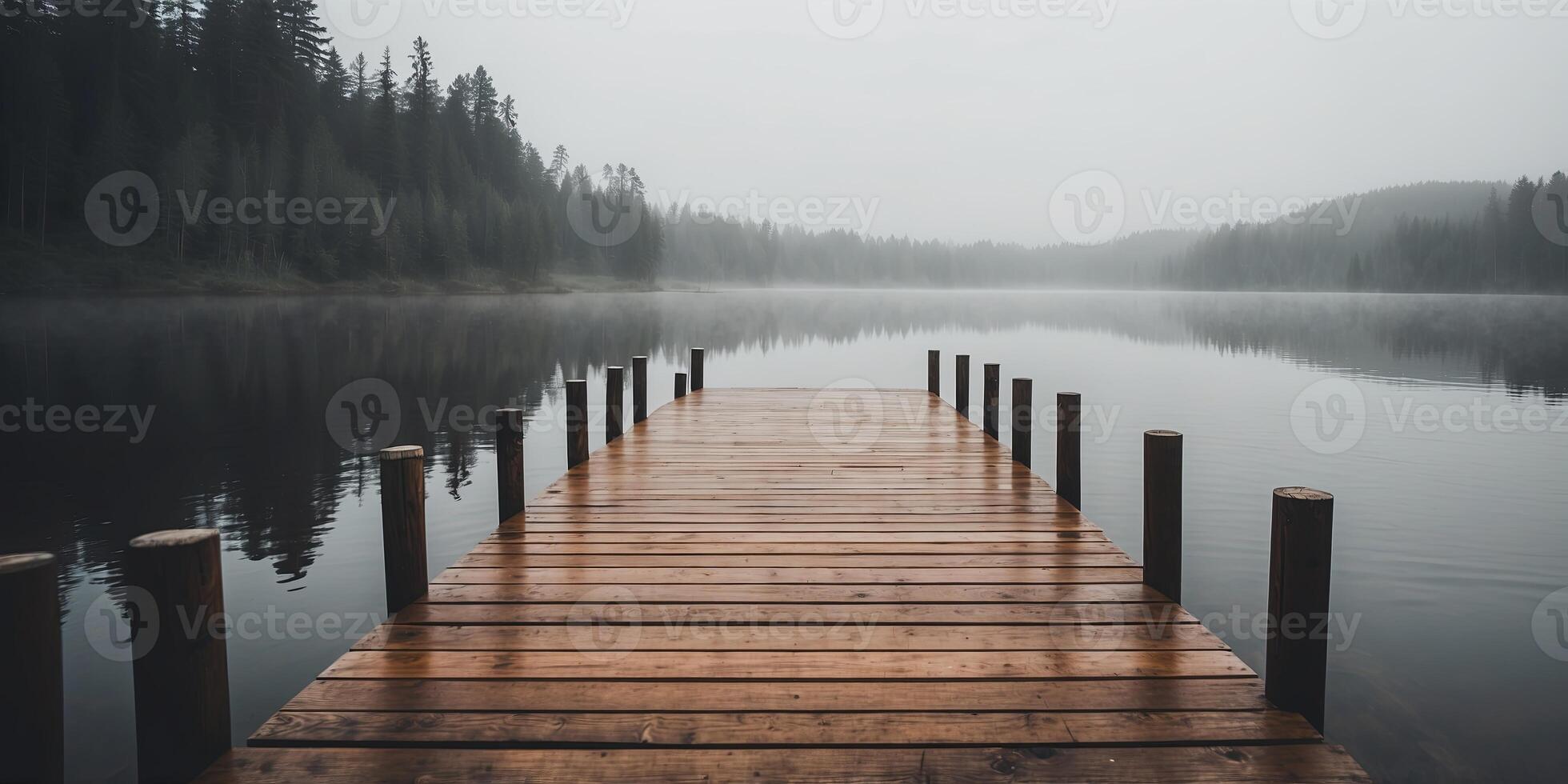 A wooden dock extending into a foggy lake. photo