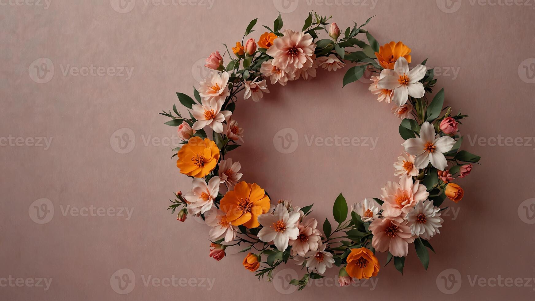 Floral wreath with pink and orange blossoms on soft pink background. photo