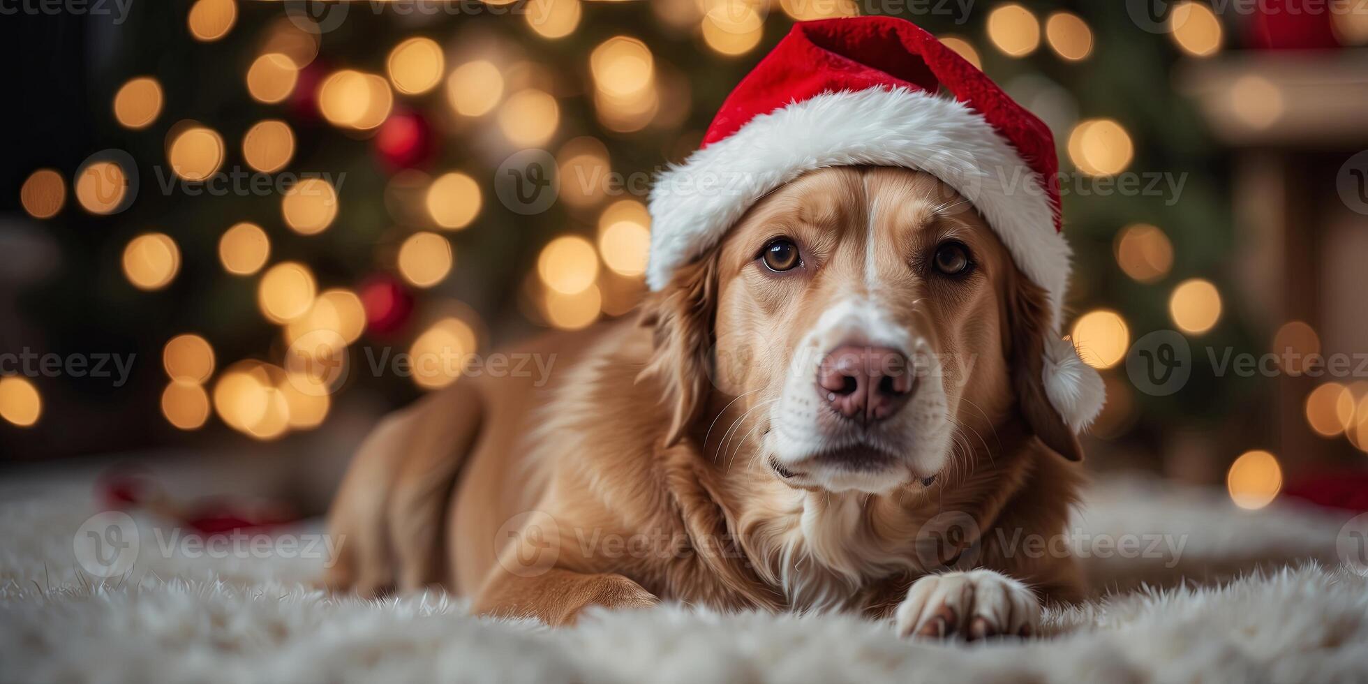 Funny dog in a santa hat on a christmas background. photo