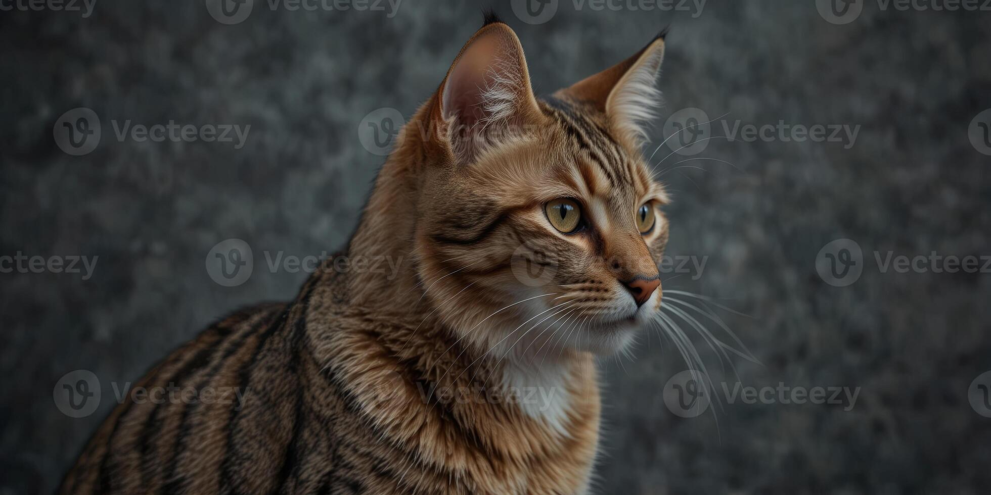 A close up image of a young cat with dark stripes on a gray background suitable for copy space image. photo