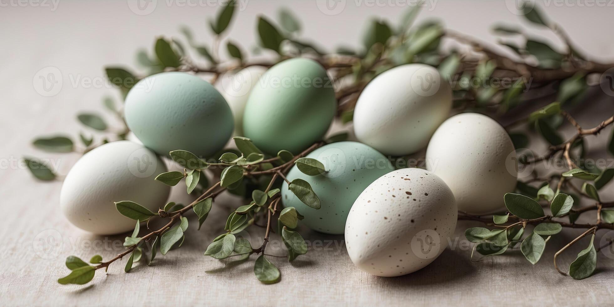 easter eggs and branches with green leaves on a light background, easter flat lay concept. photo