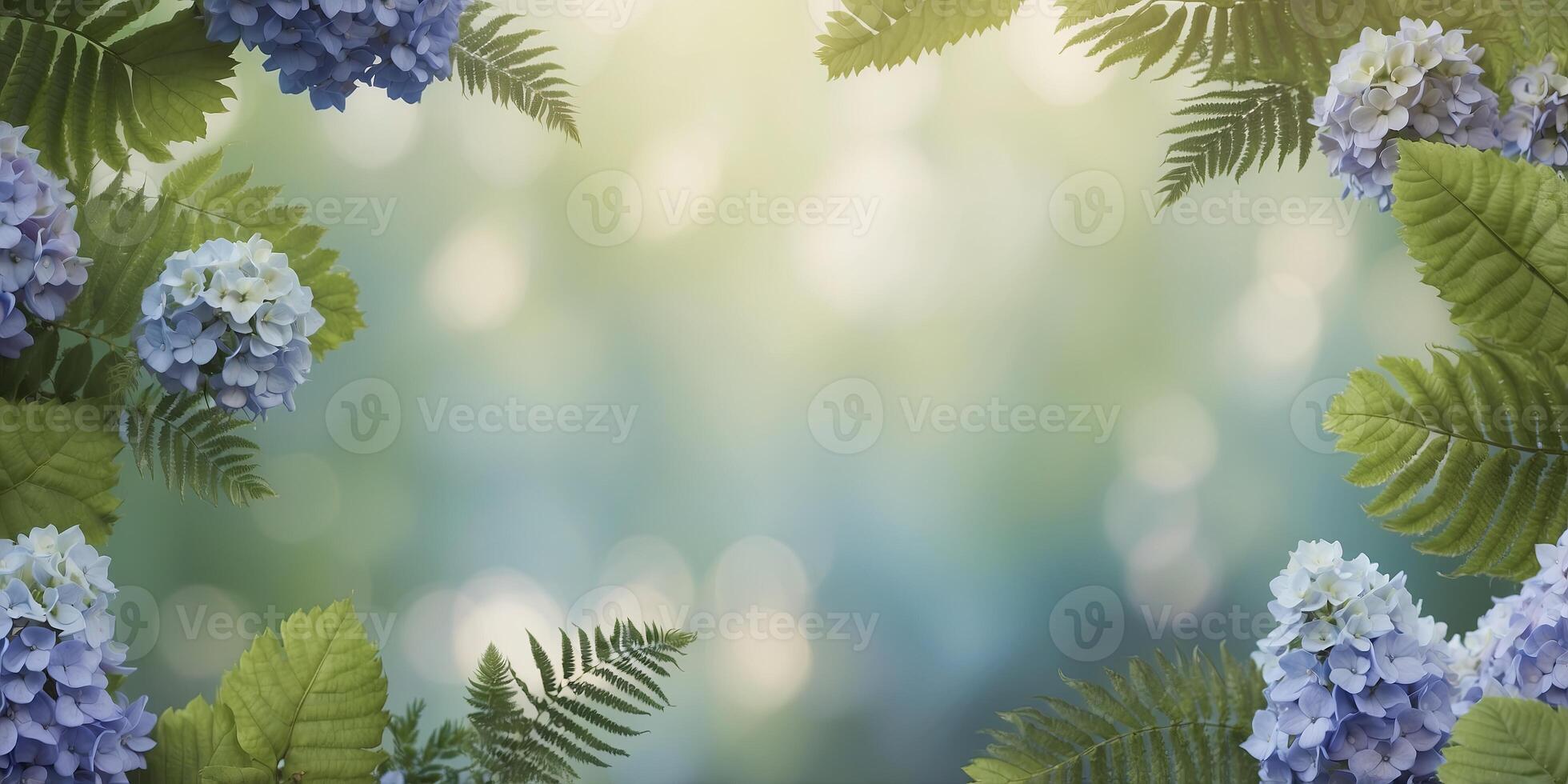 A hexagonal frame featuring thick clusters of hydrangeas and ferns blending lush greens and soft blues for a serene boho feel. photo