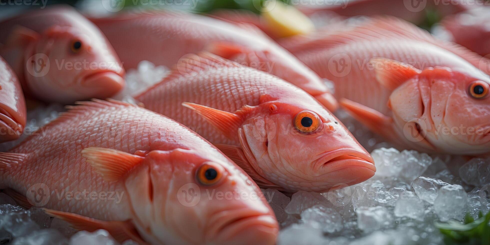 fresh red snapper fish on ice at a market, ready for sale. photo