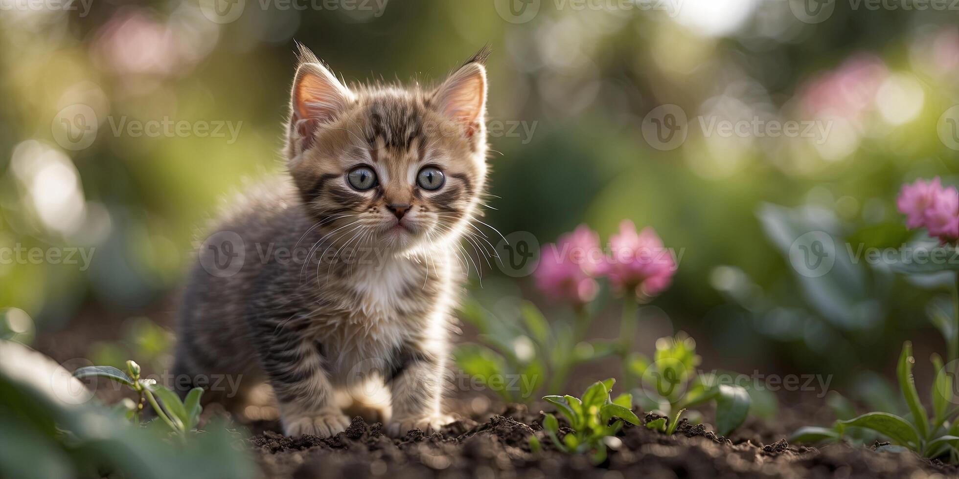 A tiny kitten exploring a garden for the first time. photo