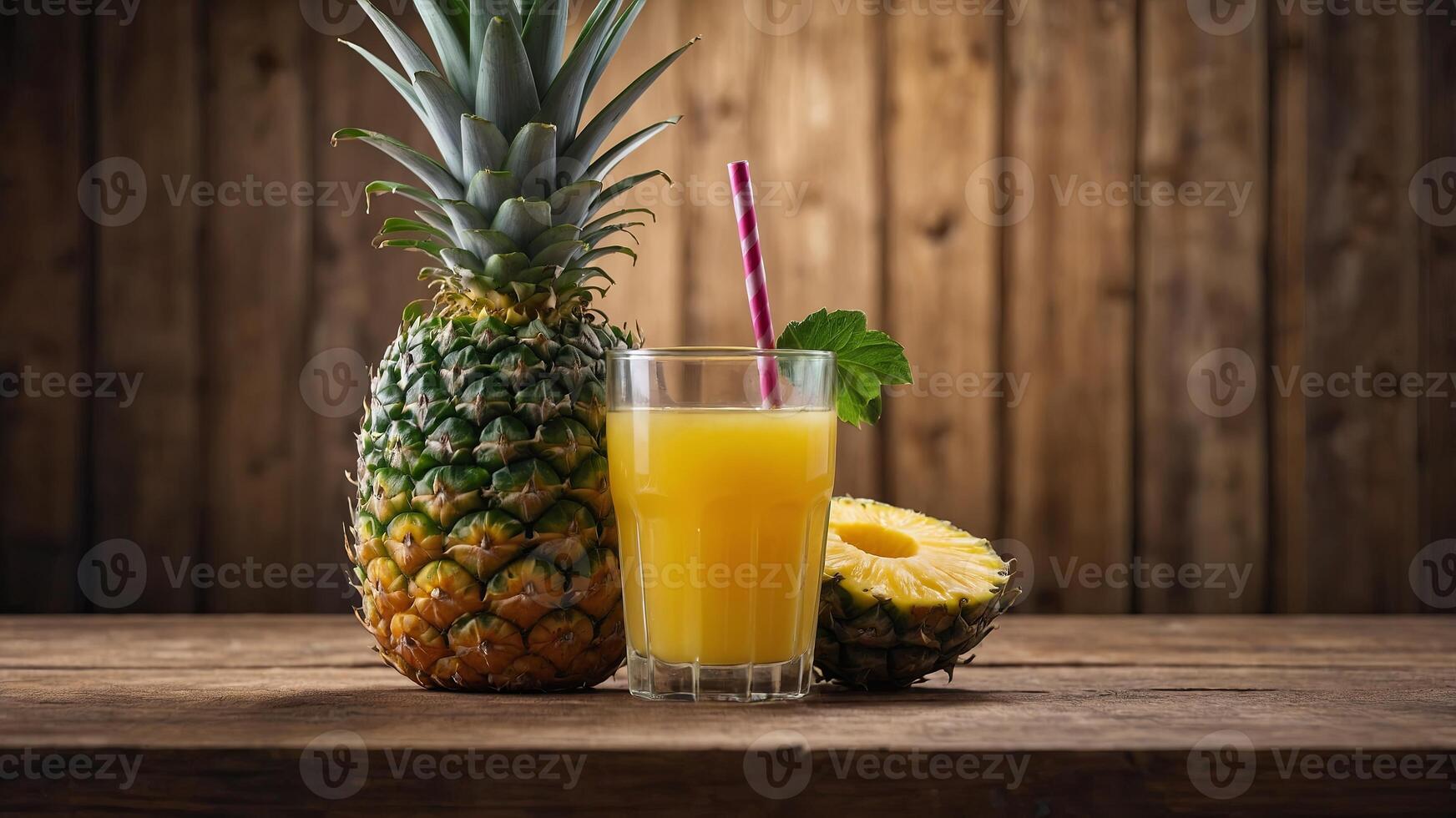 Copy space image of pineapple juice on a wooden table with a halved fruit placed upside down in a frame. photo