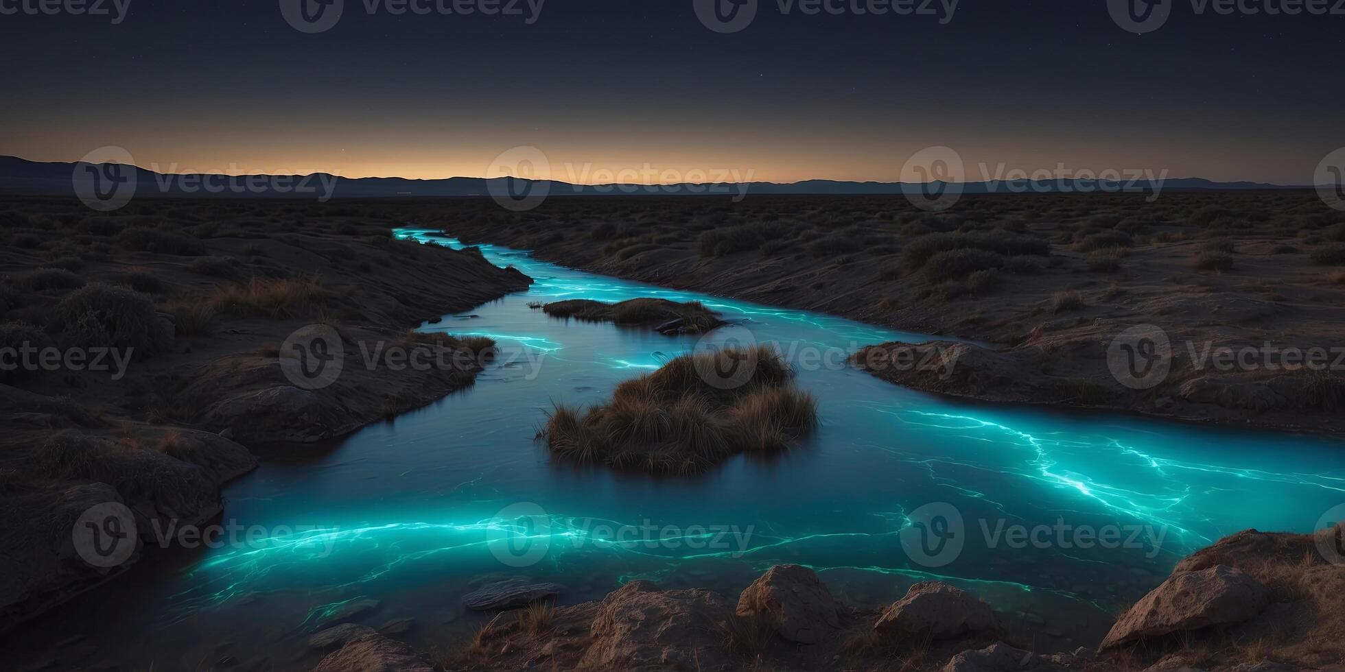 Bioluminescent alien landscape with a river running through it. photo