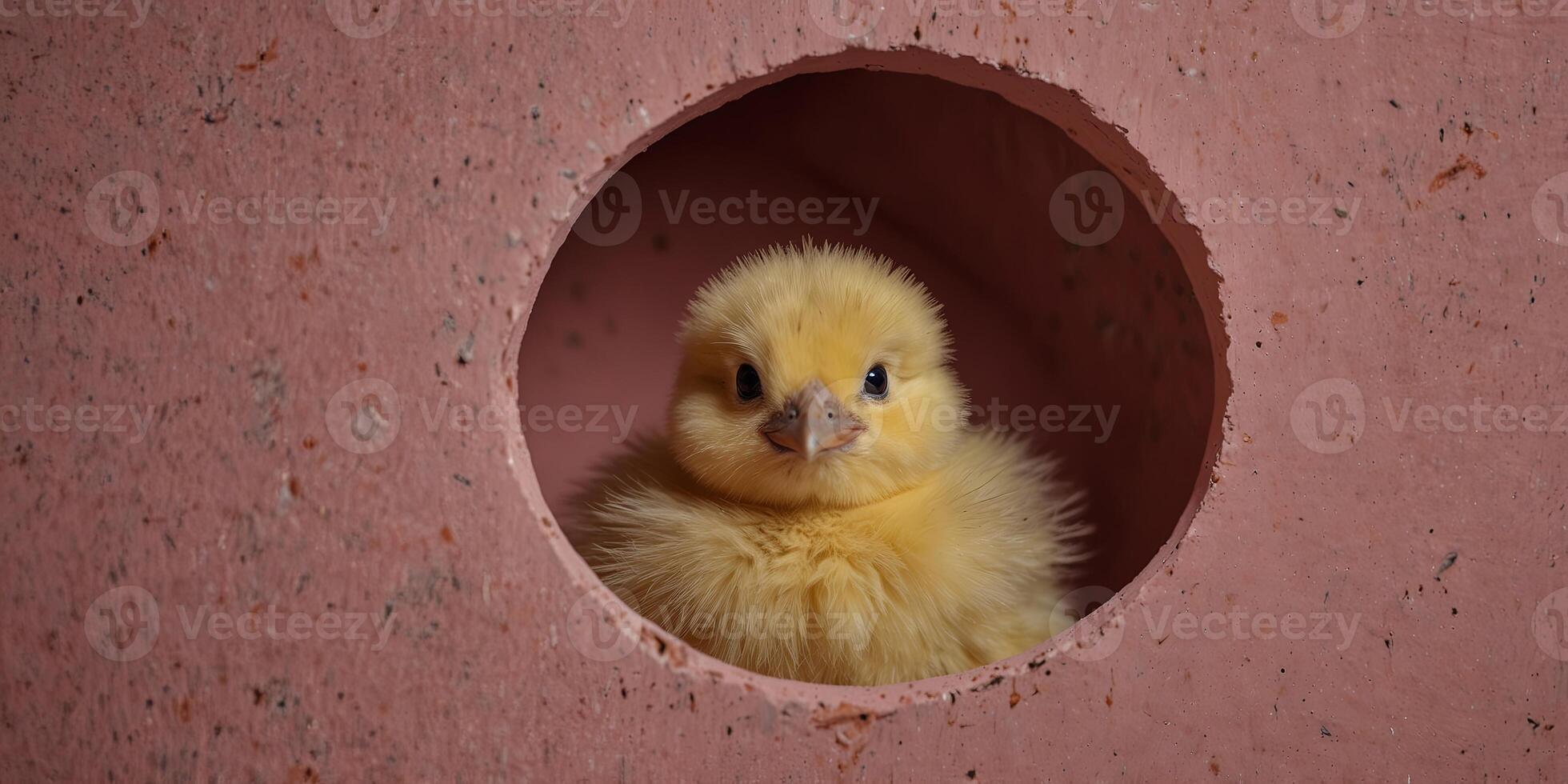 Cute chick peeking through a circular hole in a pink background, close-up Easter and springtime concept. photo