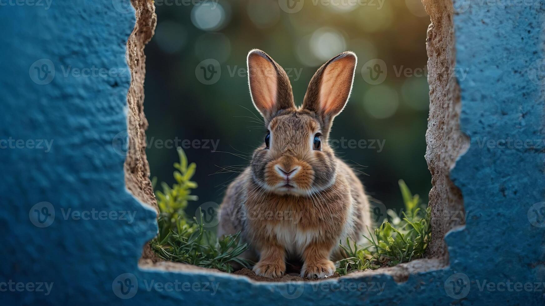 Curious rabbit peeking through a hole in a blue background, close-up Cute animal and playful concept. photo