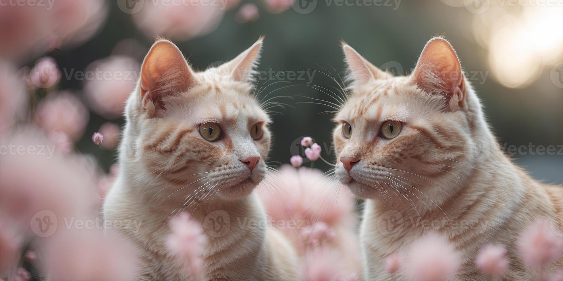 Two cats facing each other Pastel candy colors, petfluencers, pink, copy space, meow. photo