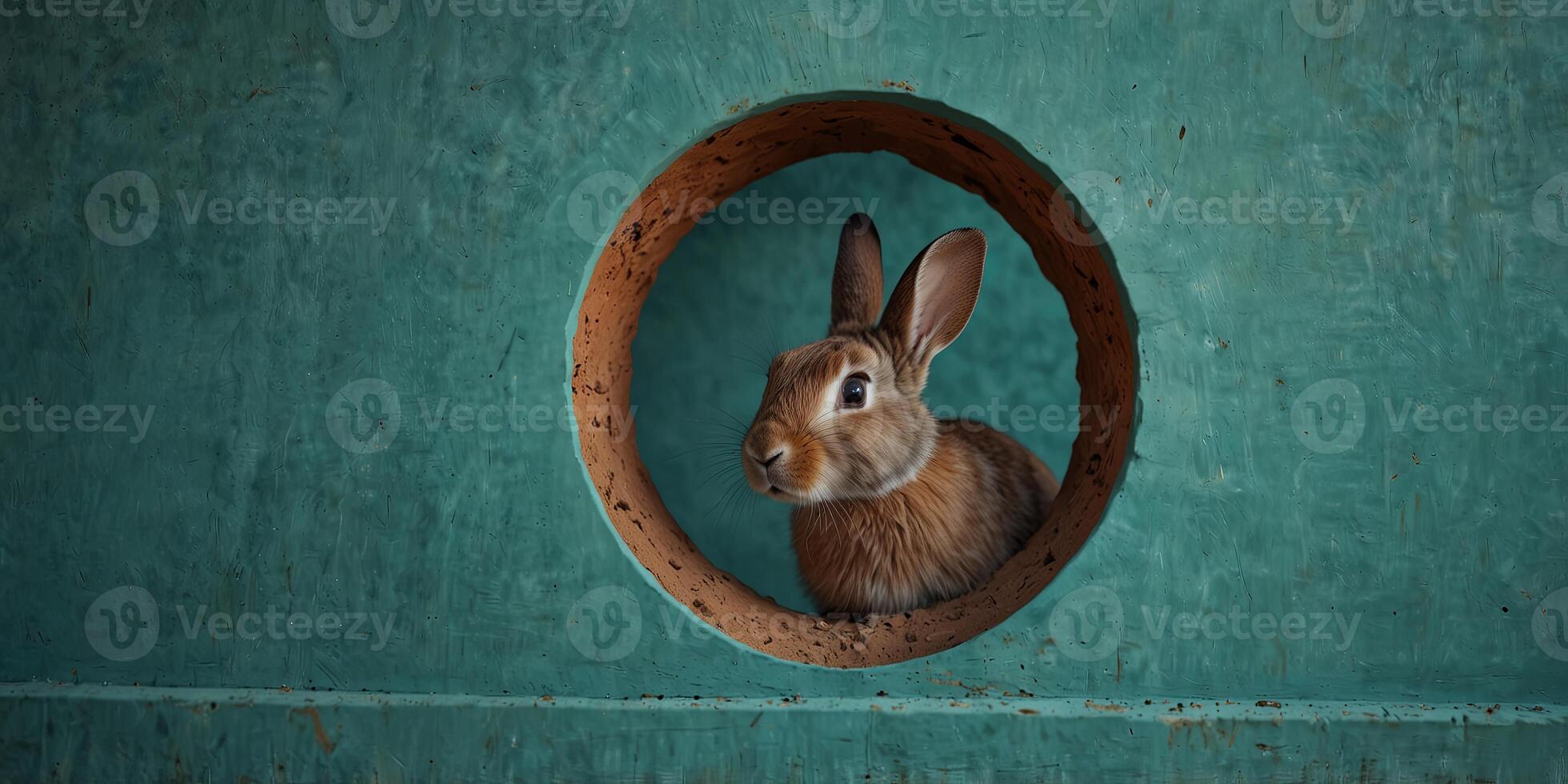 Cute brown rabbit peeking through a circular hole in a turquoise wall. photo