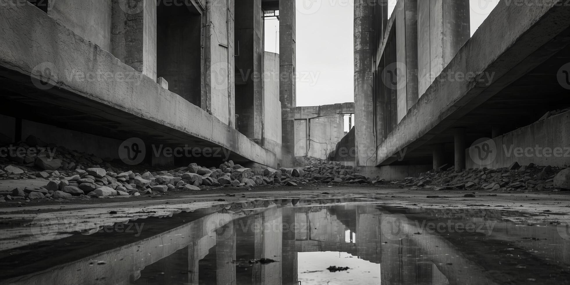 The ruins of a large concrete building Black and white, post apocalyptic, depressive, futurism. photo