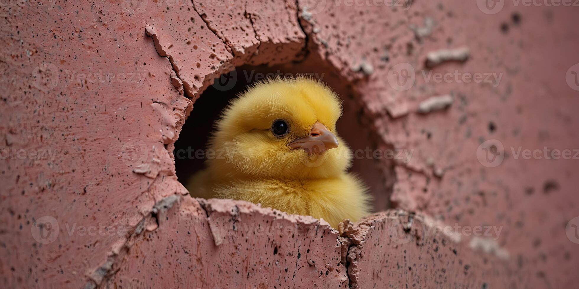 Cute chick peeking through a circular hole in a pink background, close-up Easter and springtime concept. photo