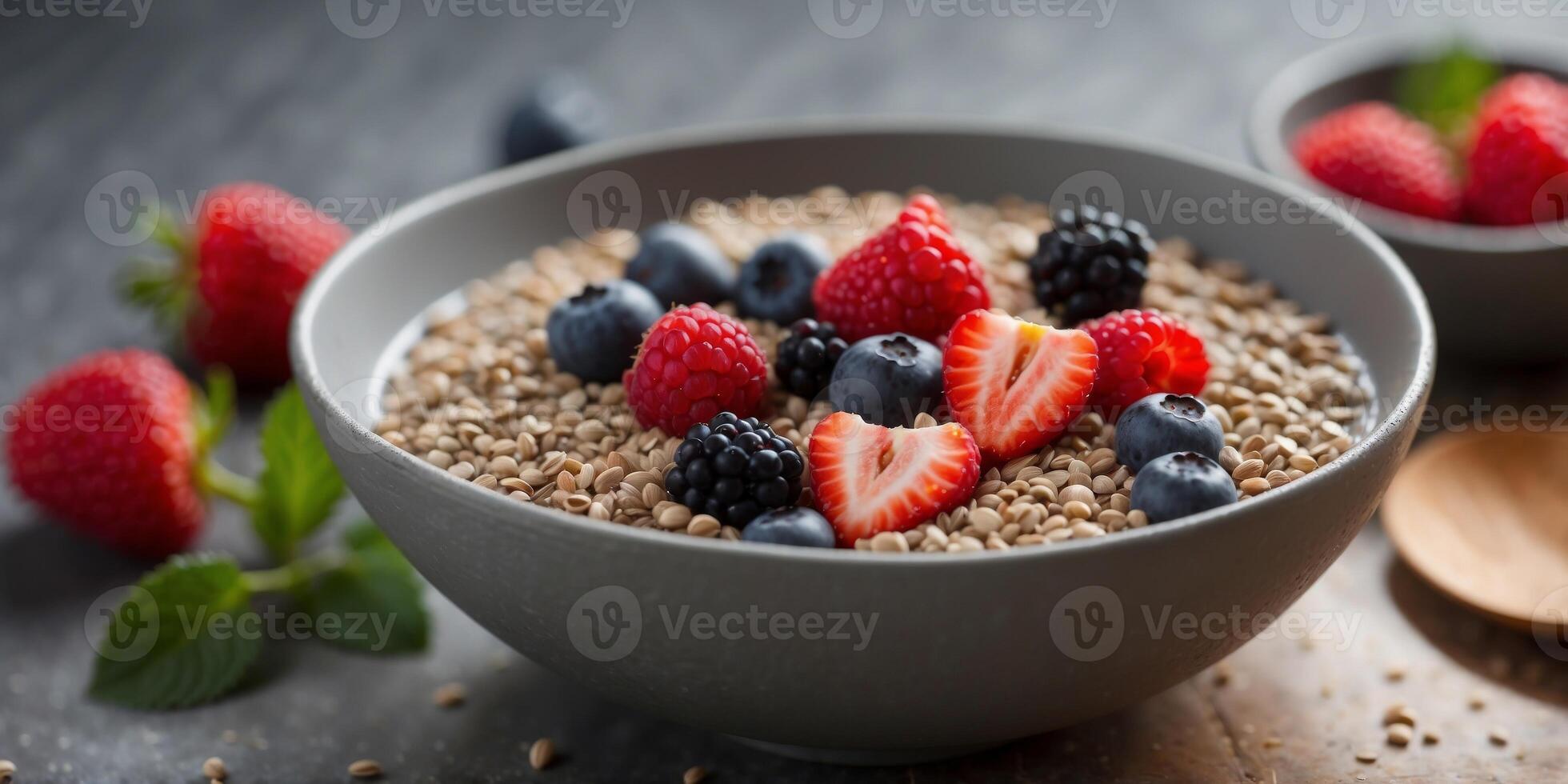 A bowl of buckwheat porridge topped with fresh berries and a sprinkle of chia seeds a satisfying and wholesome breakfast option. photo