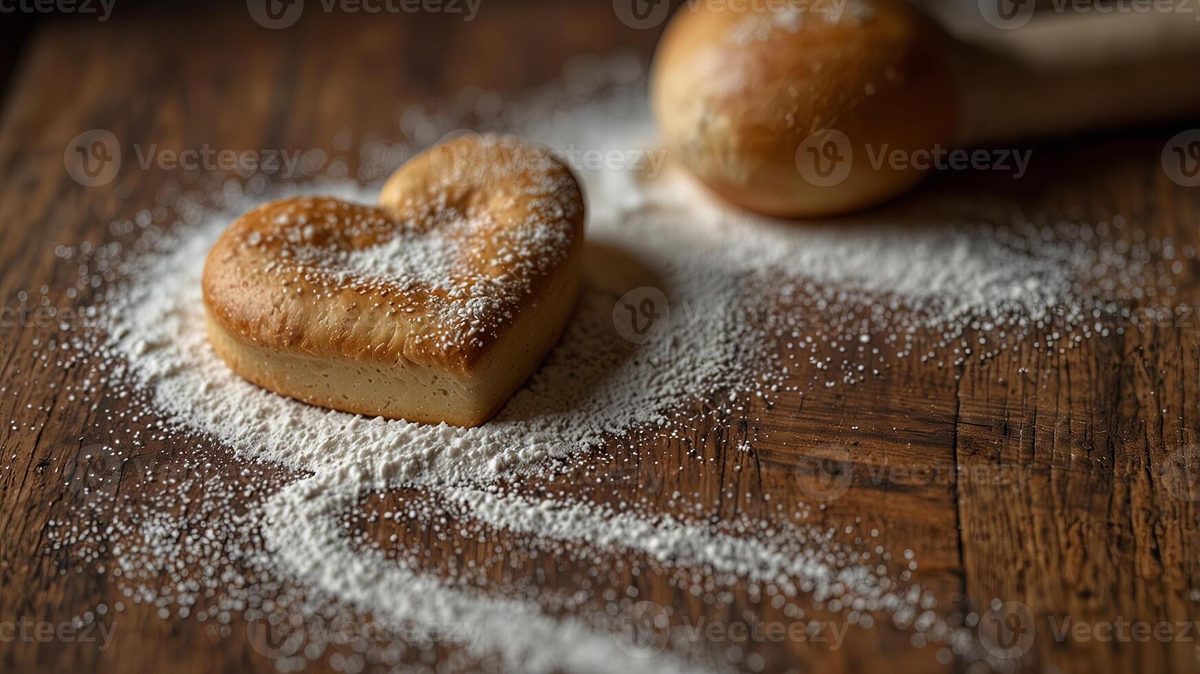 Heart-shaped dough with flour on a wooden surface, close-up Baking and cooking concept. photo