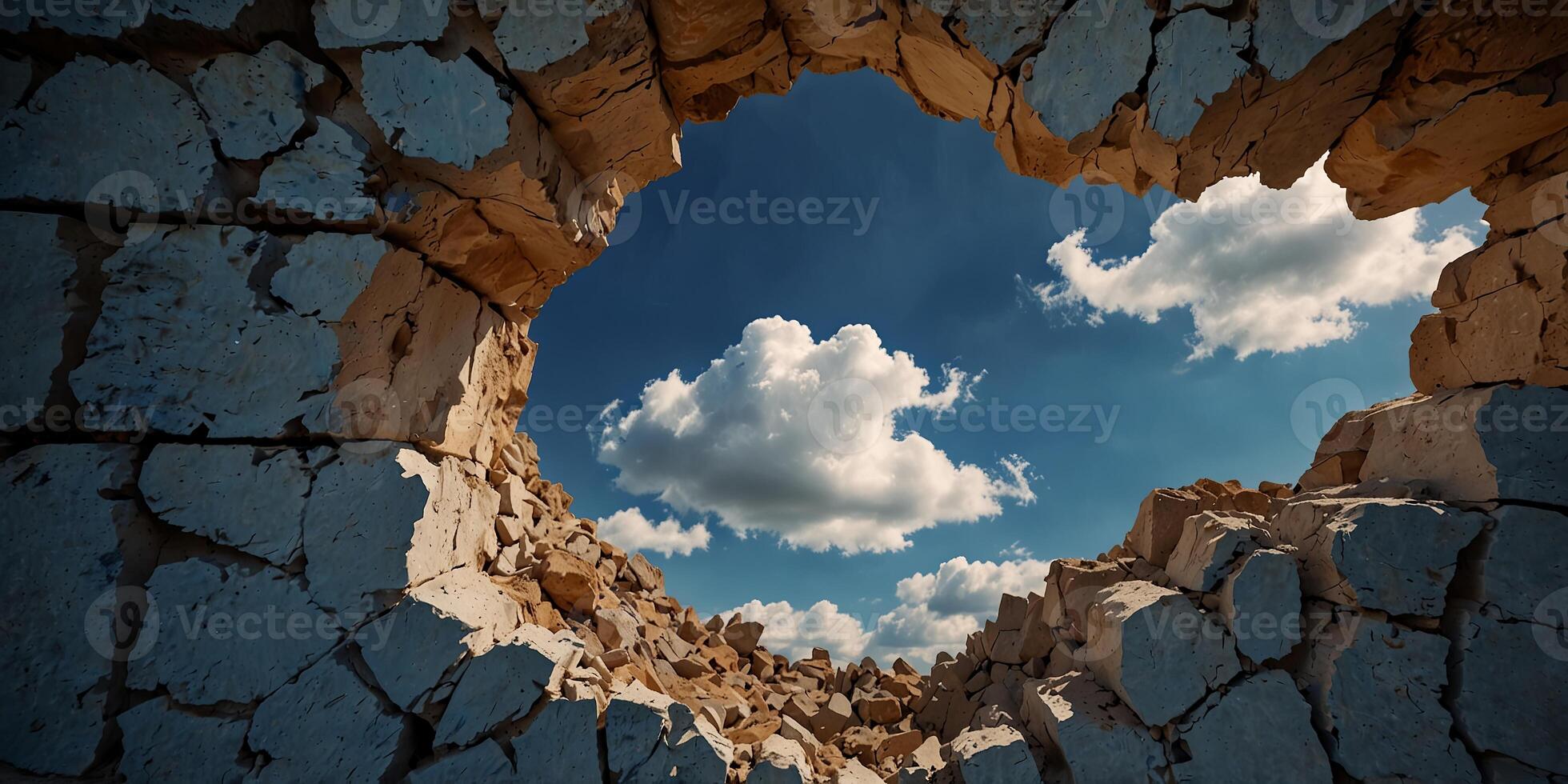 Hole in a broken wall revealing blue sky with clouds, abstract concept. photo