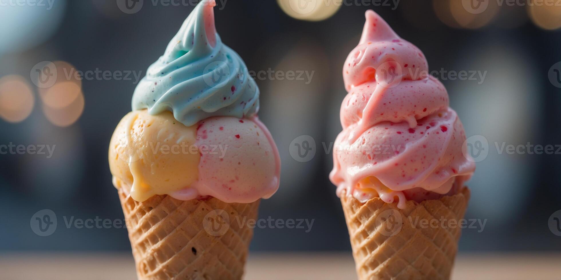 A close-up image of a multi-colored ice cream cone with the ice cream melting. photo