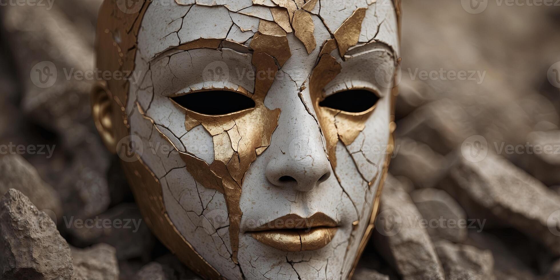 A close-up of a cracked and weathered mask. photo