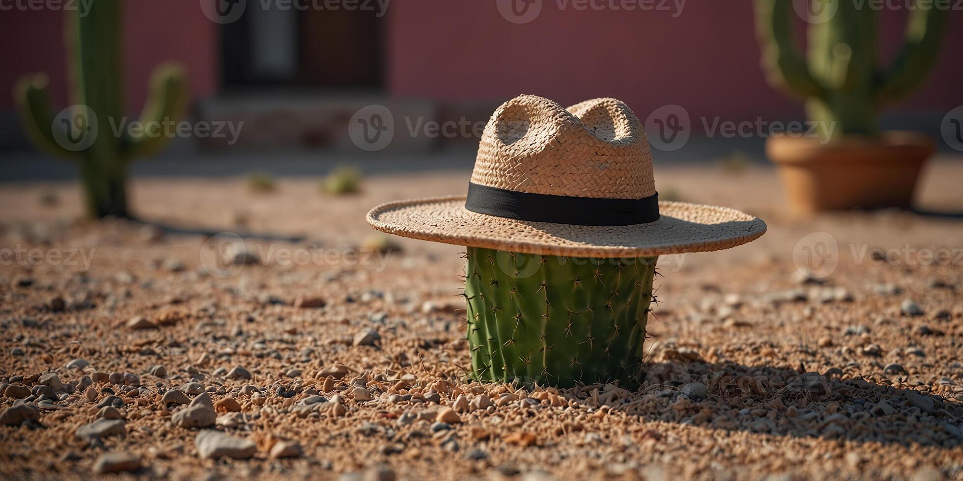 Green cactus with straw hat on pink background, vibrant and quirky nature concept. photo