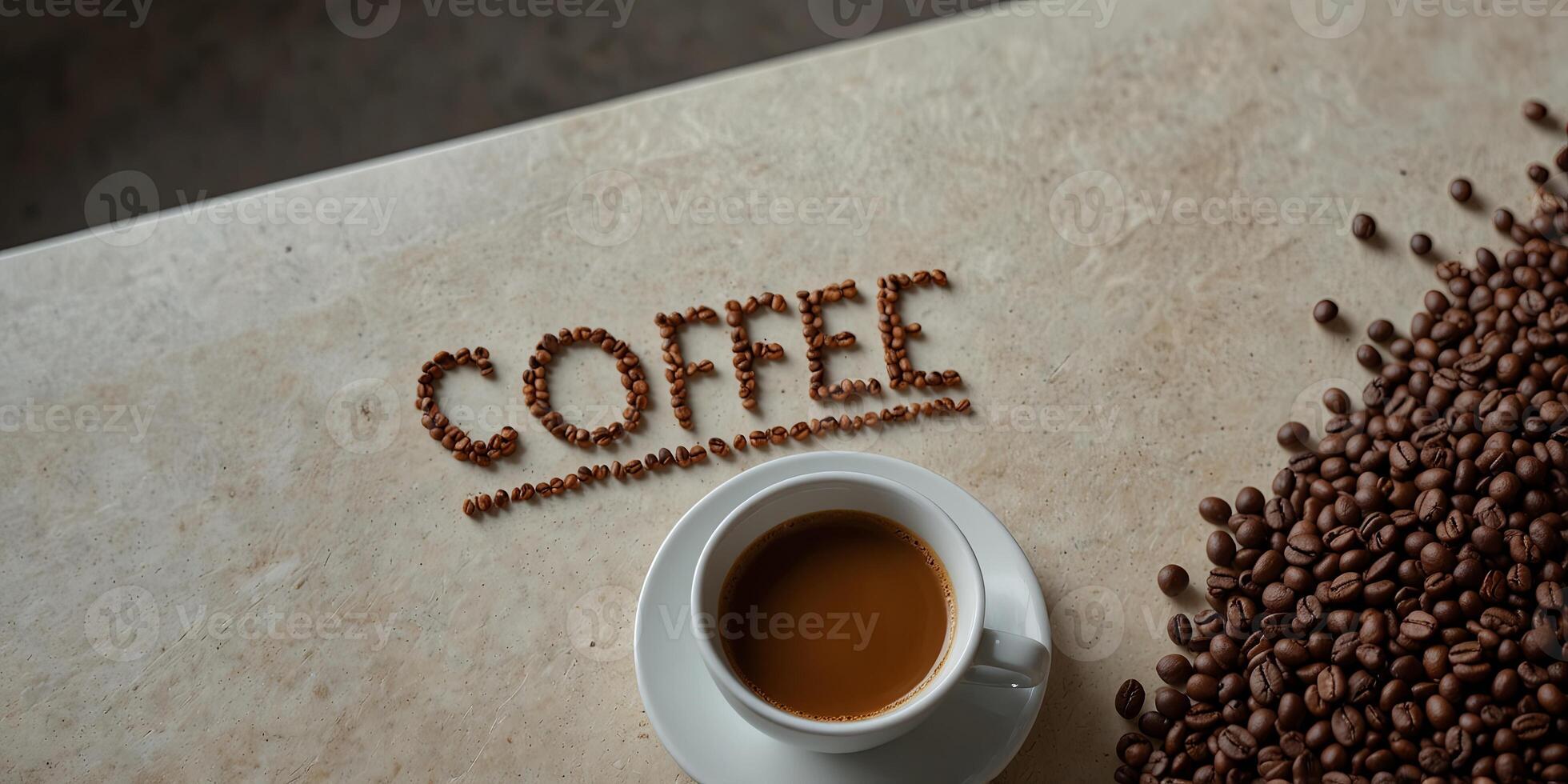A coffee themed scene with beans and a coffee sign on a white table captured from above ideal for a copy space image. photo