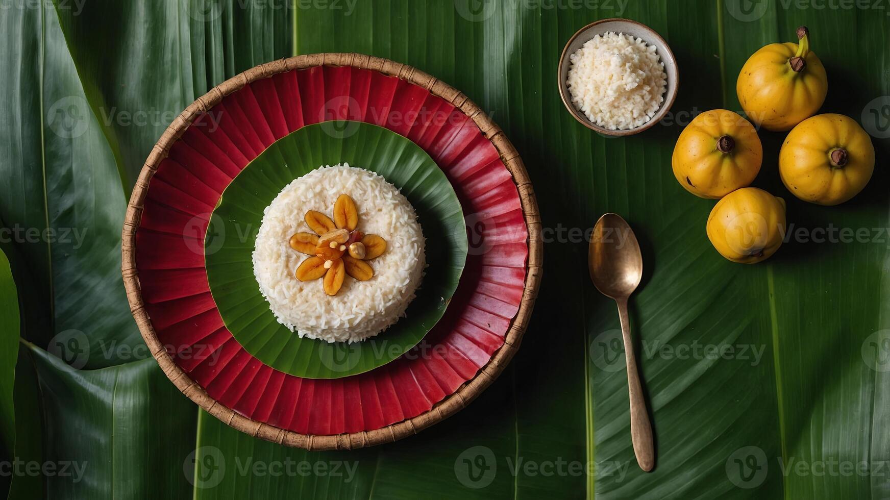 An overhead shot of Walithalapa on a banana leaf a traditional New Year dessert adorned with cashew fruit in a copy space image. photo