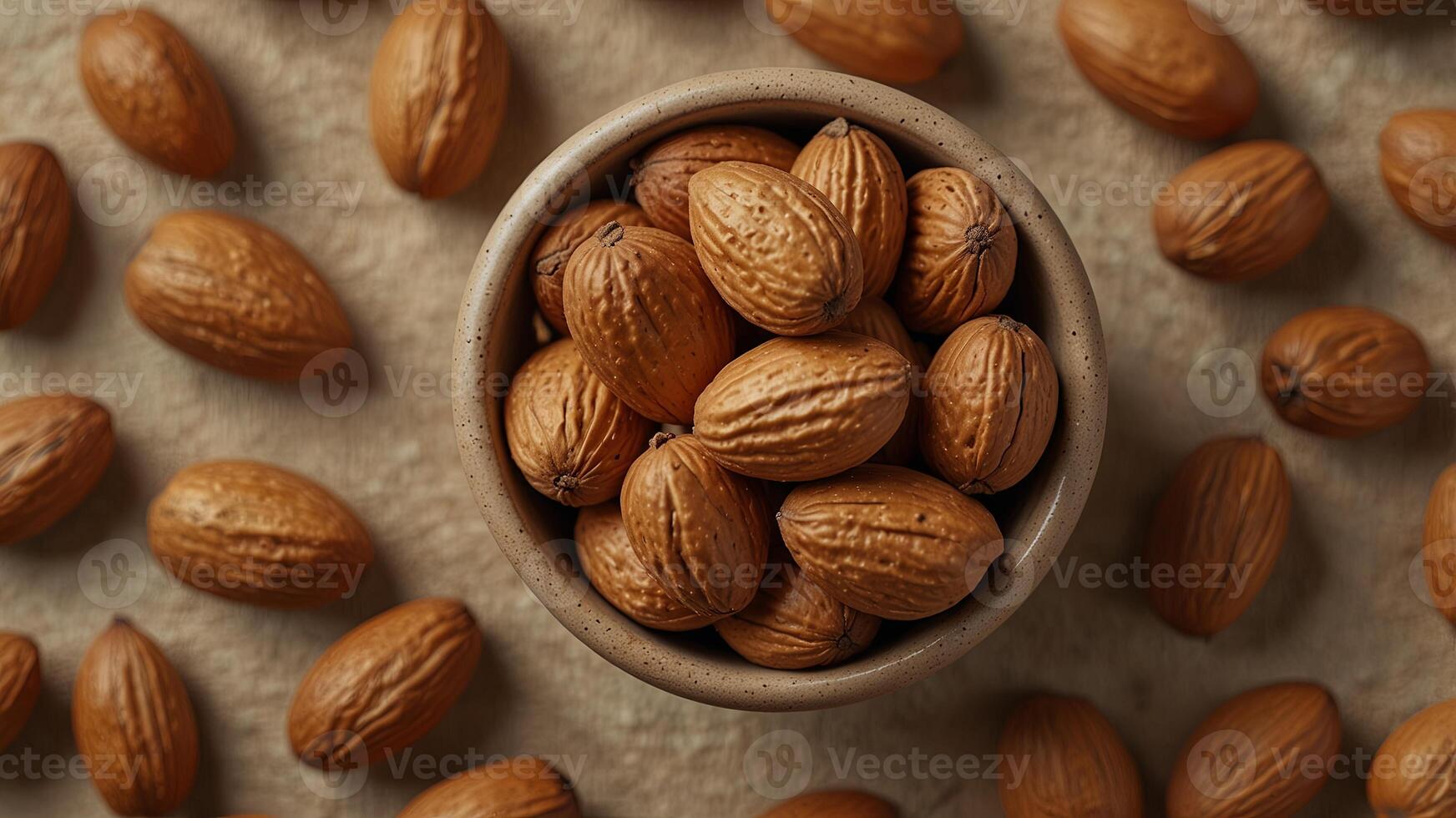 Almonds on beige background, top view Healthy food and nutrition concept. photo