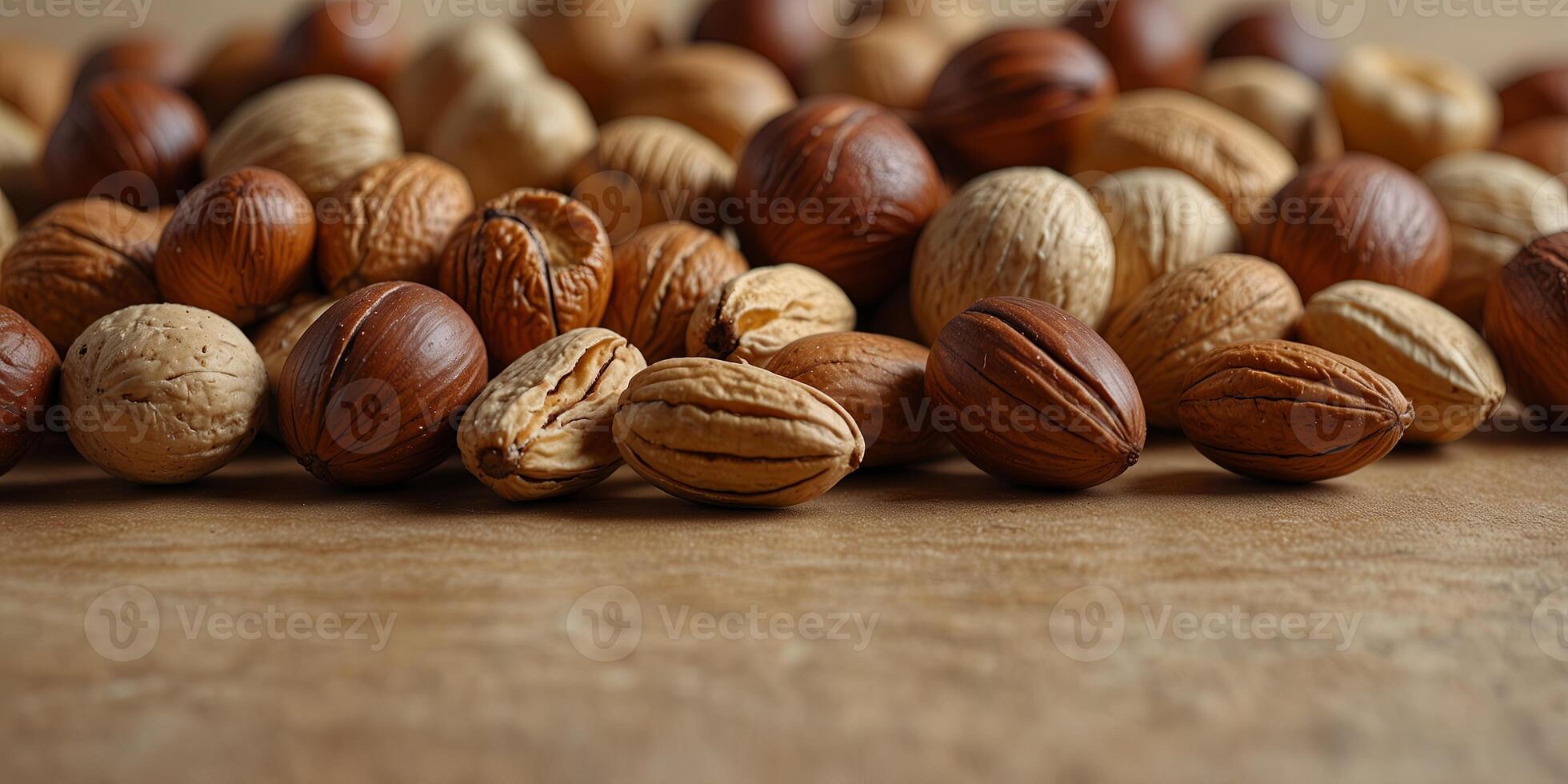Assorted nuts on beige background, healthy snack concept. photo
