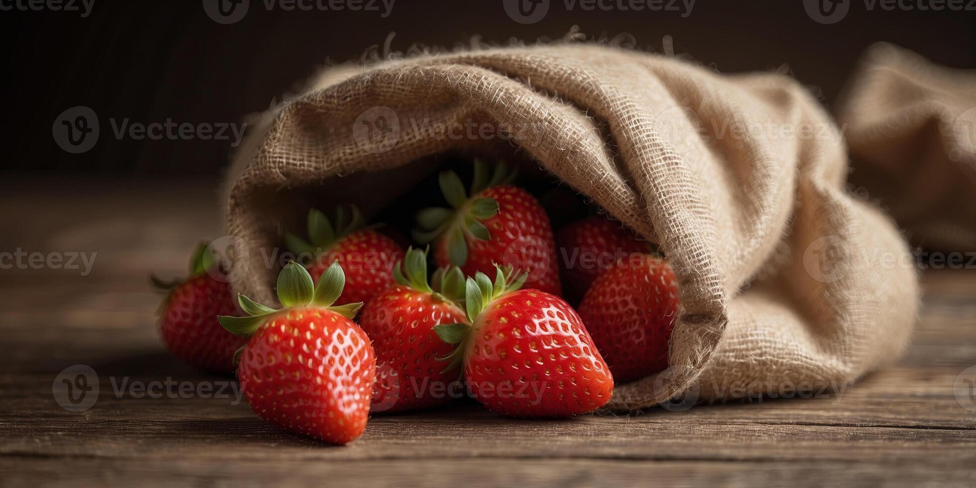Juicy red strawberries nestled in a rustic burlap sack on wooden surface, farm fresh organic produce concept. photo