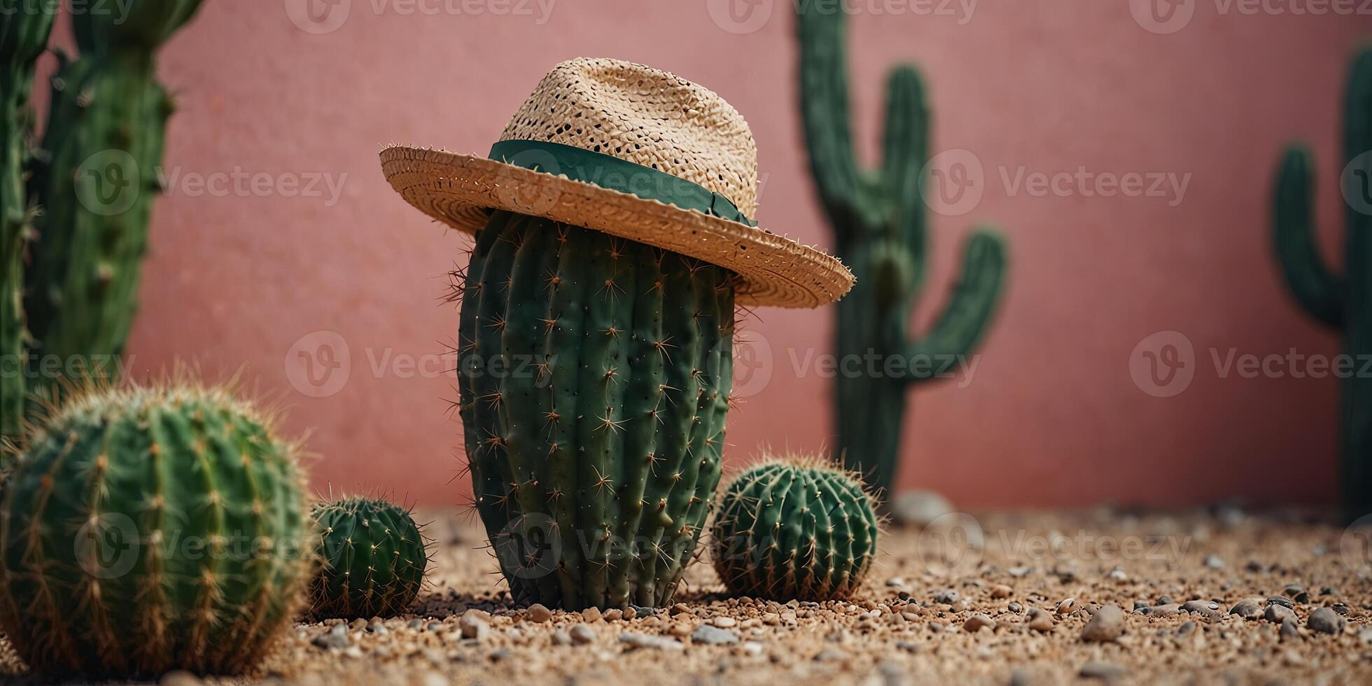 Green cactus with straw hat on pink background, vibrant and quirky nature concept. photo