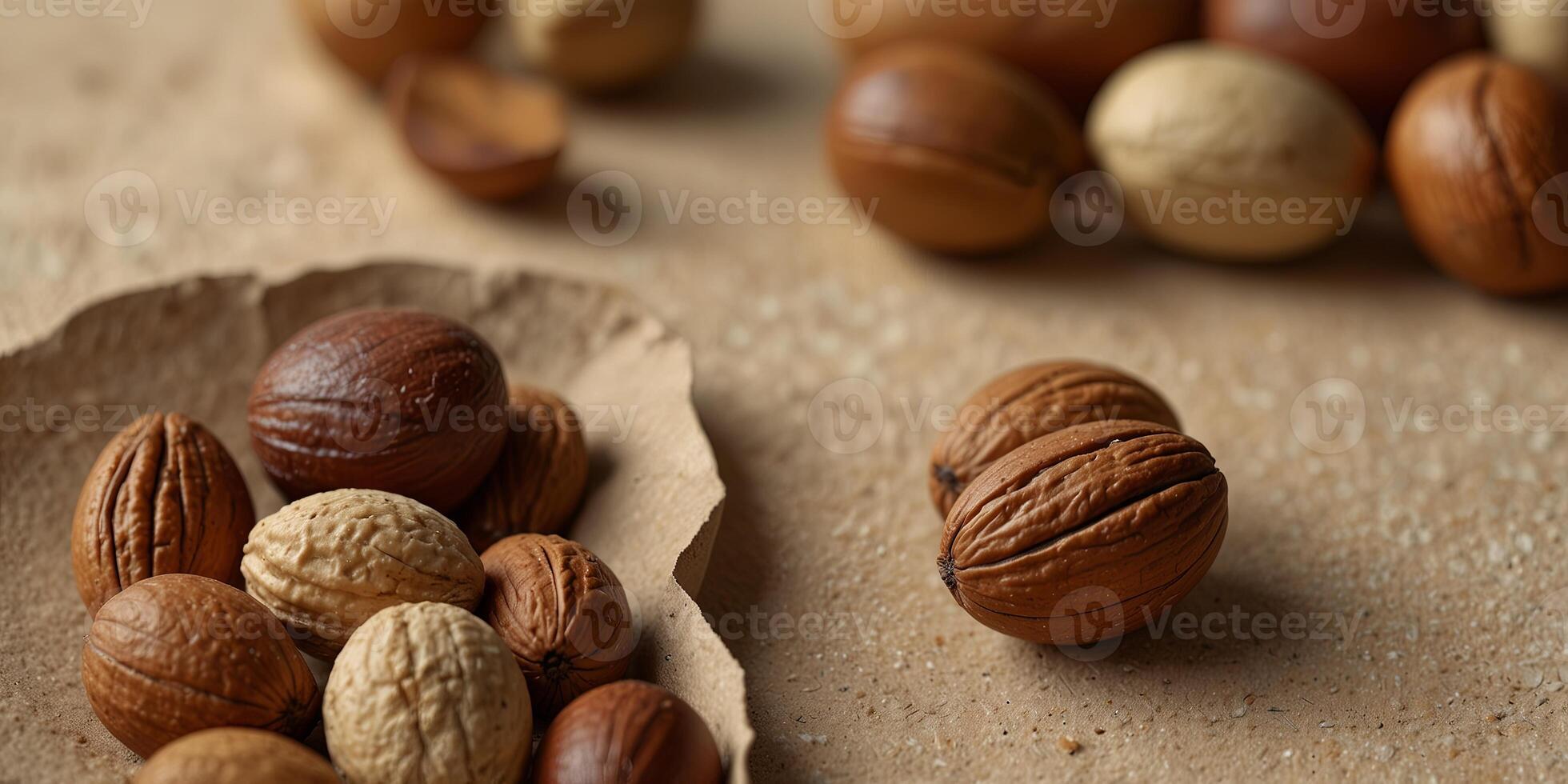 Assorted nuts on beige background, healthy snack concept. photo