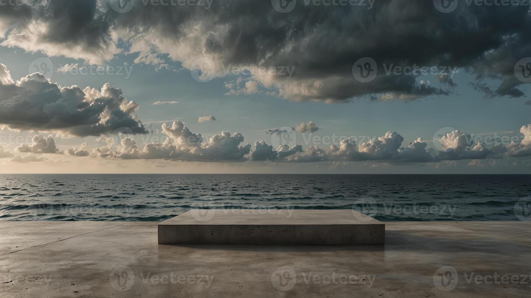Concrete podium floating on calm ocean with cloudy sky, panoramic view Concept of zen, tranquility, and minimalist design. photo