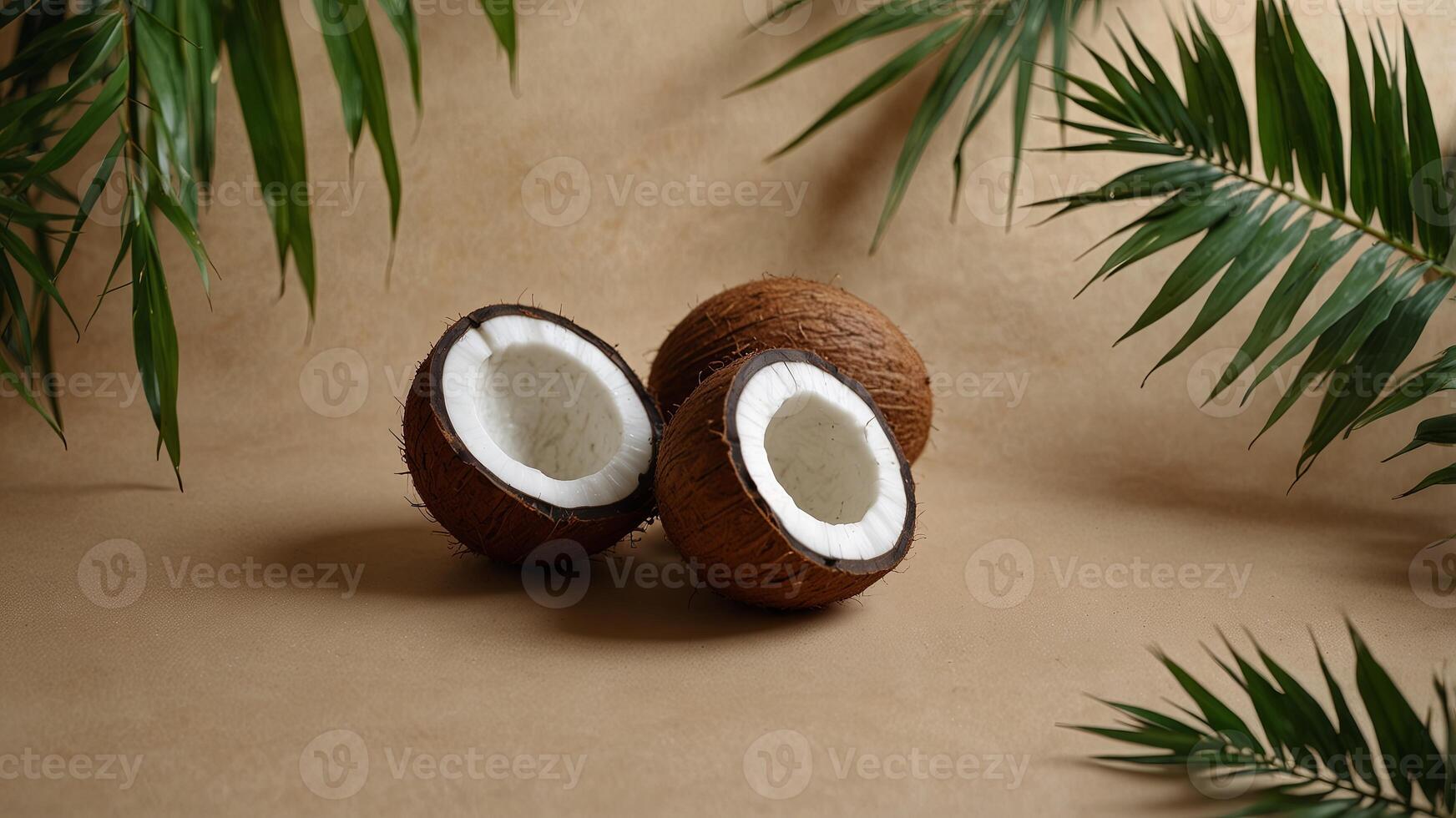 Coconuts and palm leaves on a beige background, tropical fruit concept. photo