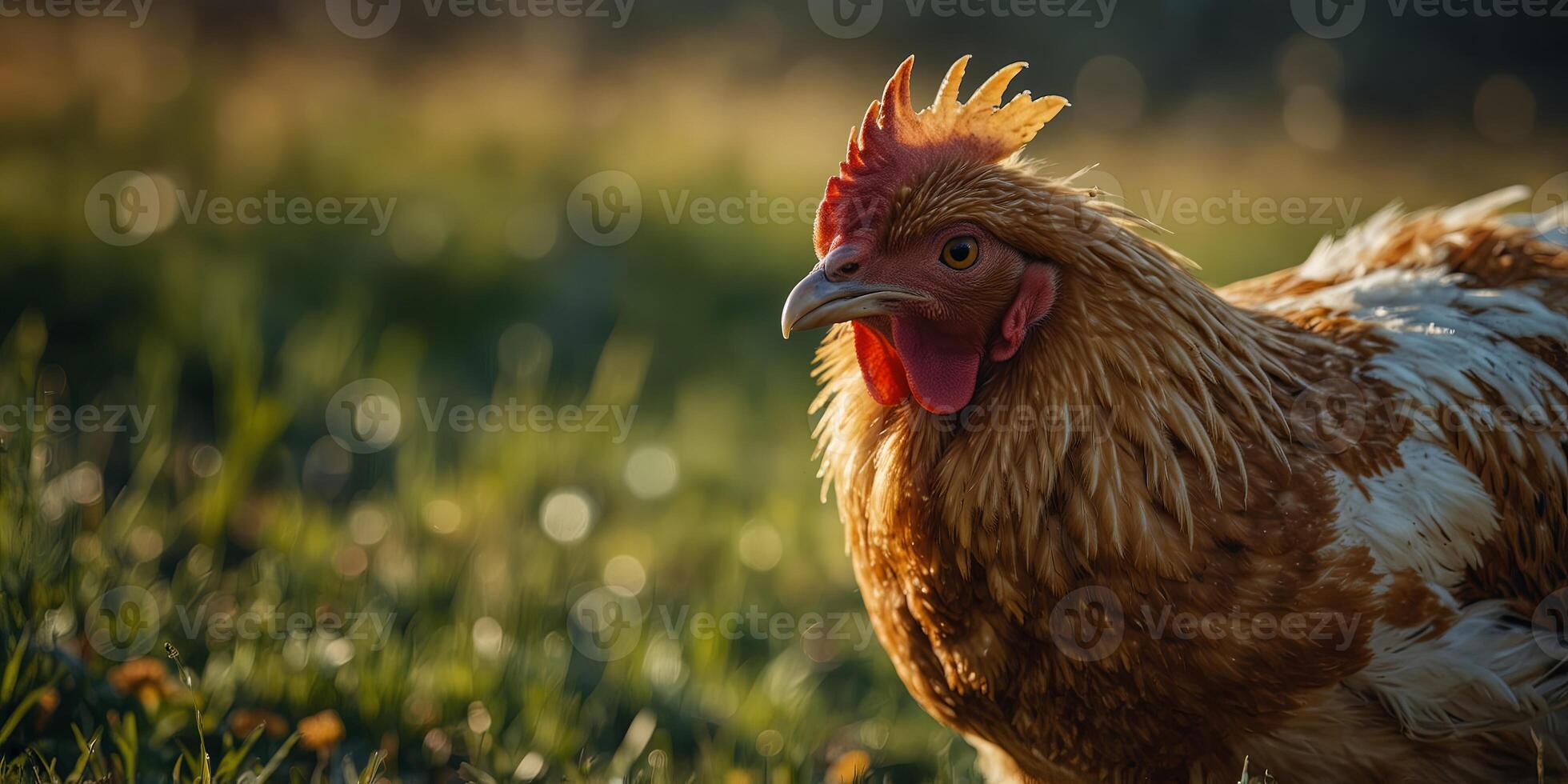 Chicken with golden feathers strolling in a meadow. photo