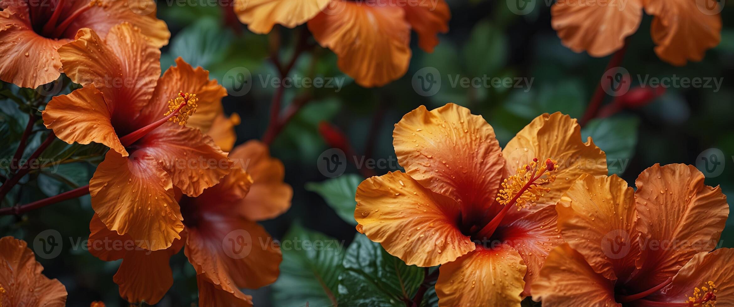 An array of tropical hibiscus in fiery reds and oranges. photo