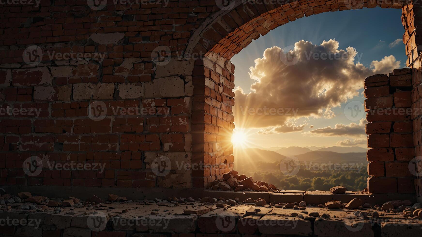 Hole in brick wall with view of bright sun and clouds, abandoned building concept. photo