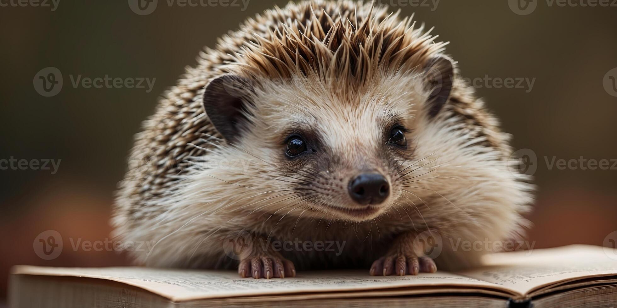 One cute hedgehog weonering glonesses is sitting on one book. photo