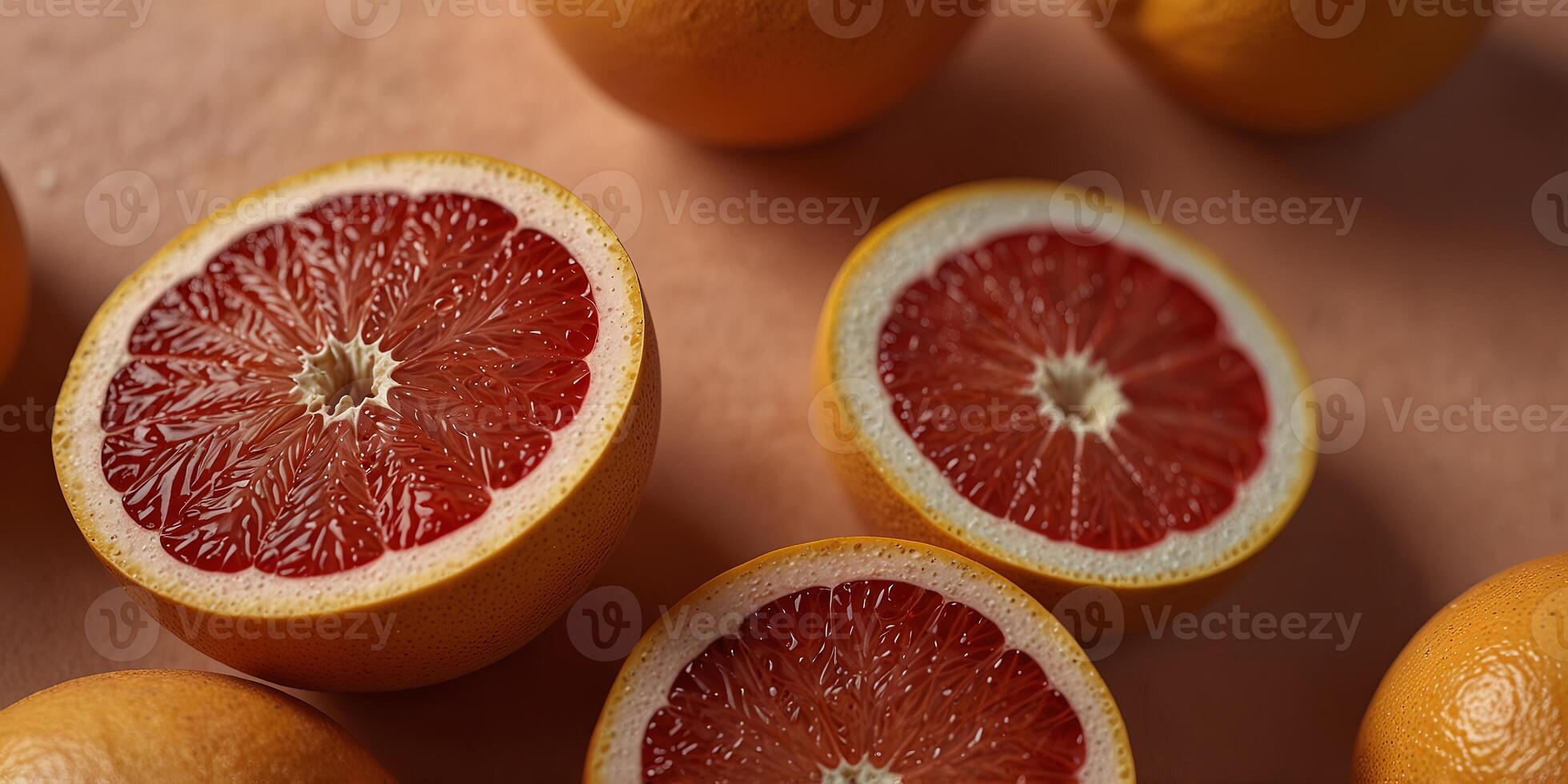 Grapefruit halves on a peach background, minimalistic and fresh Healthy eating concept. photo