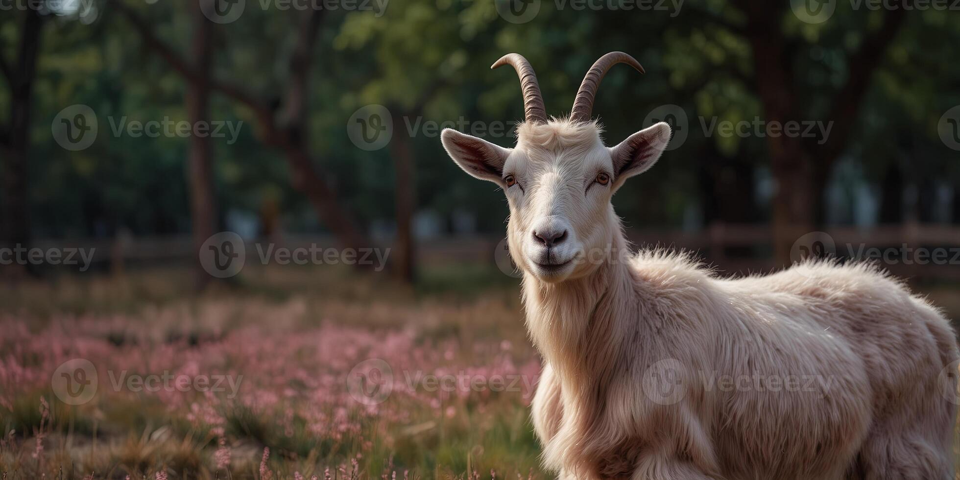 Goat in a Pink Suit Standing on Its Hind Legs. photo