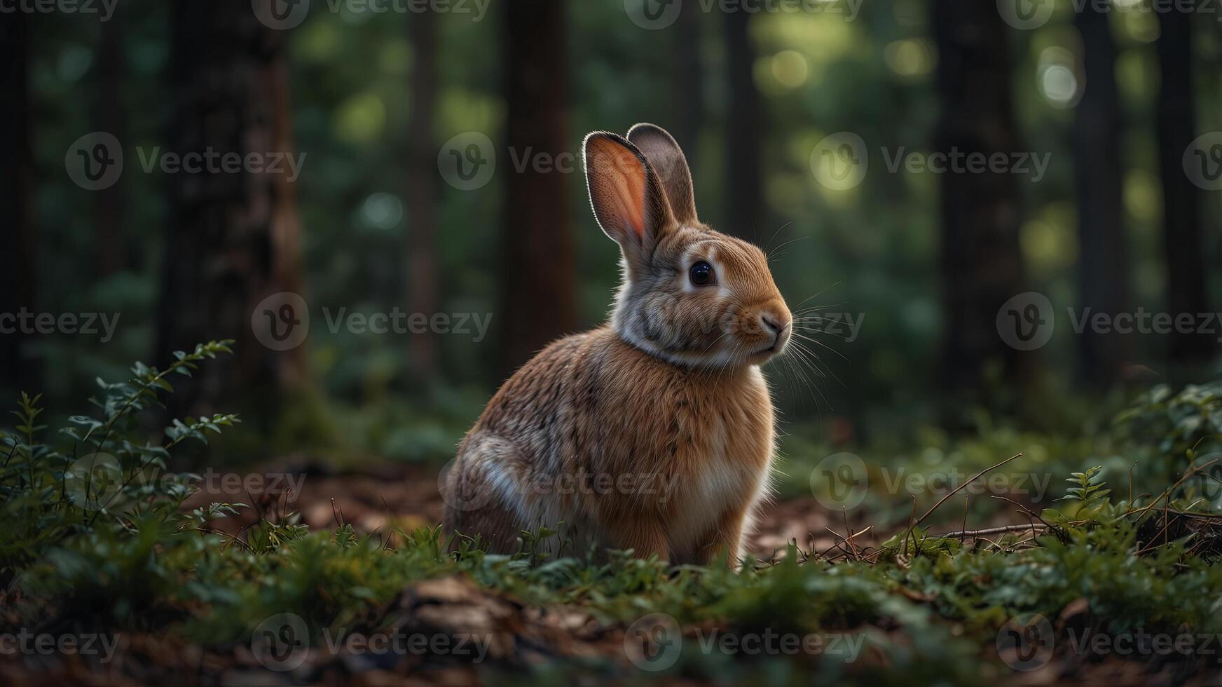 A rabbit sitting in the middle of a forest. photo