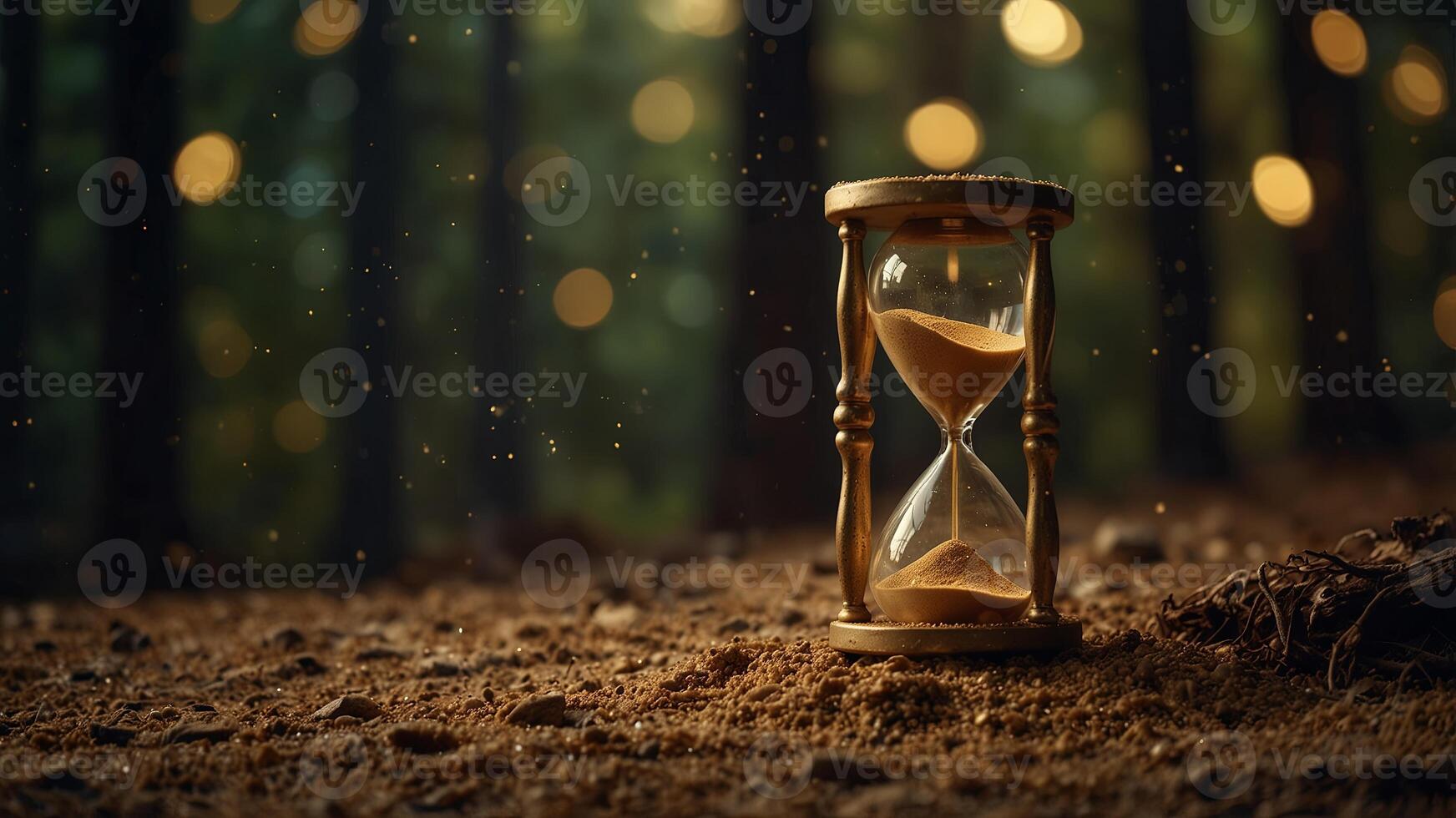 Golden hourglass with flowing sand in dark forest, glowing in sparkles Time and fantasy concept. photo