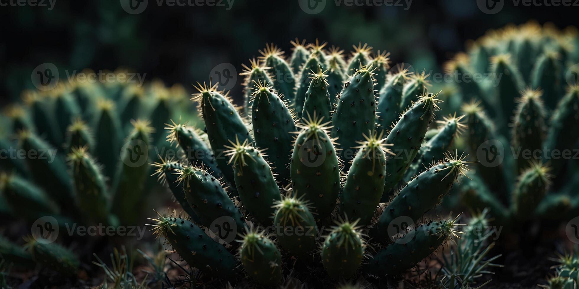 Close-up of glowing green cacti with sharp spines in dark ambient light, nature and botanical concept. photo
