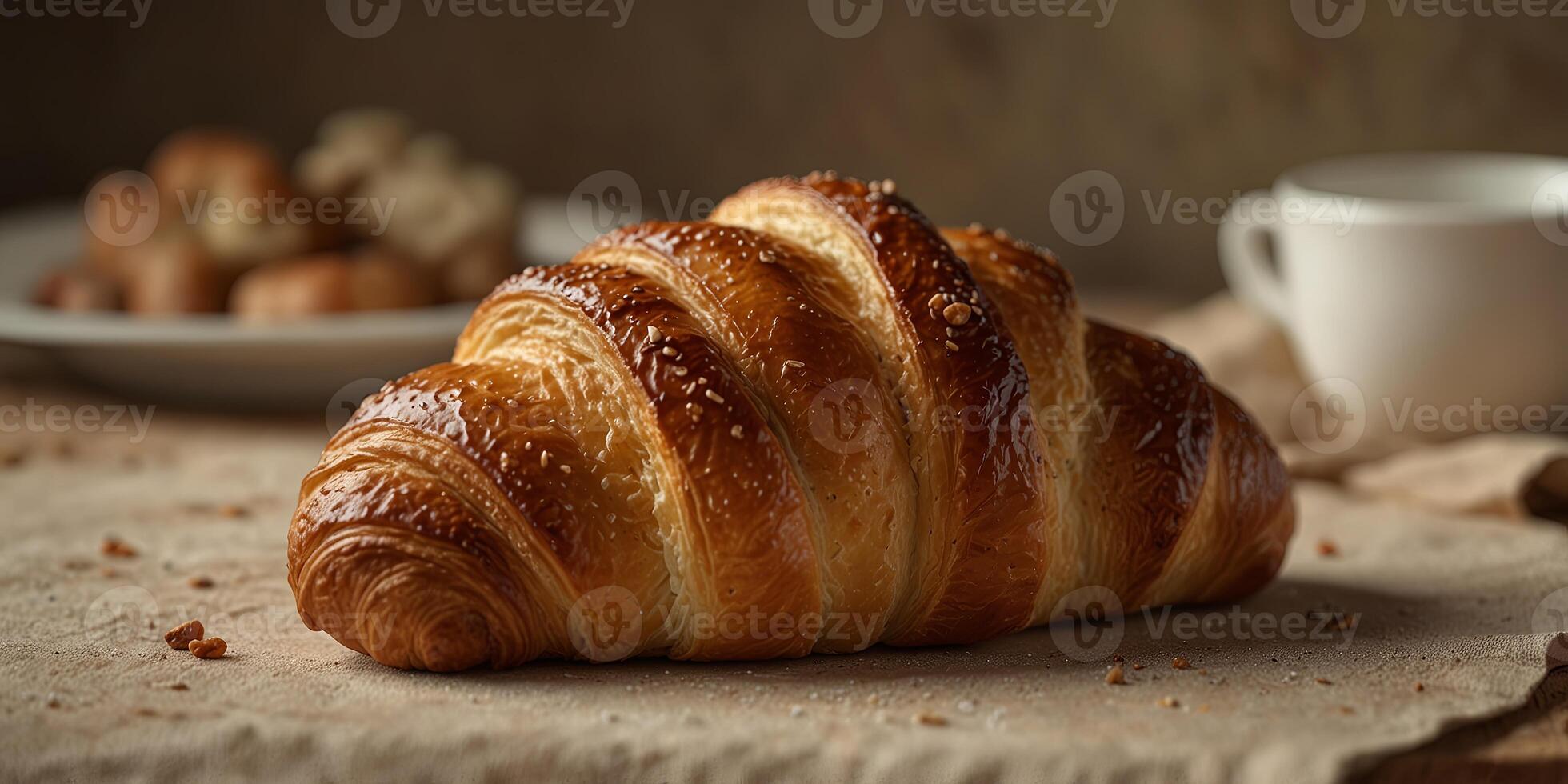 Freshly baked croissant on beige background, close-up view Breakfast and pastry concept. photo