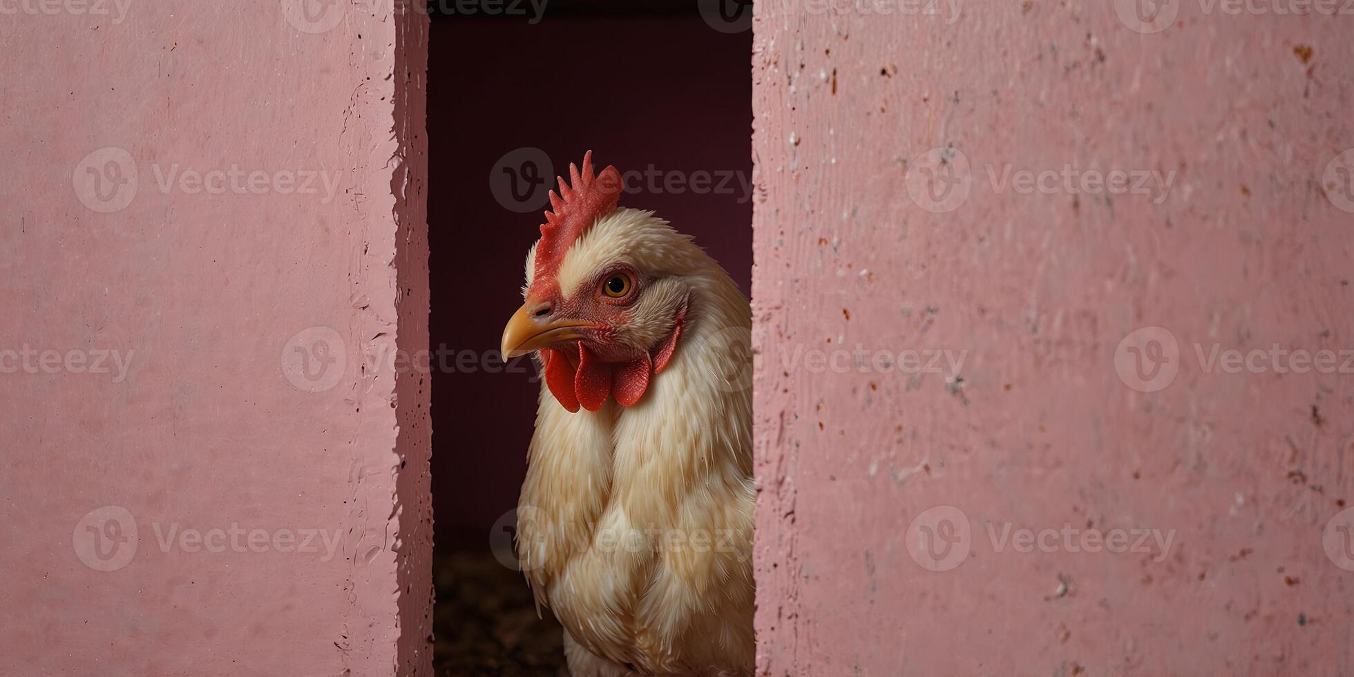 Chicken peeking through a hole in pink background, vibrant studio shot Creativity and curiosity concept. photo