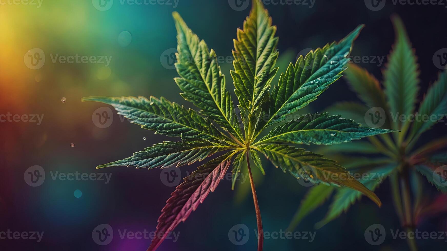 Colorful cannabis leaf on abstract background, digital art concept. photo
