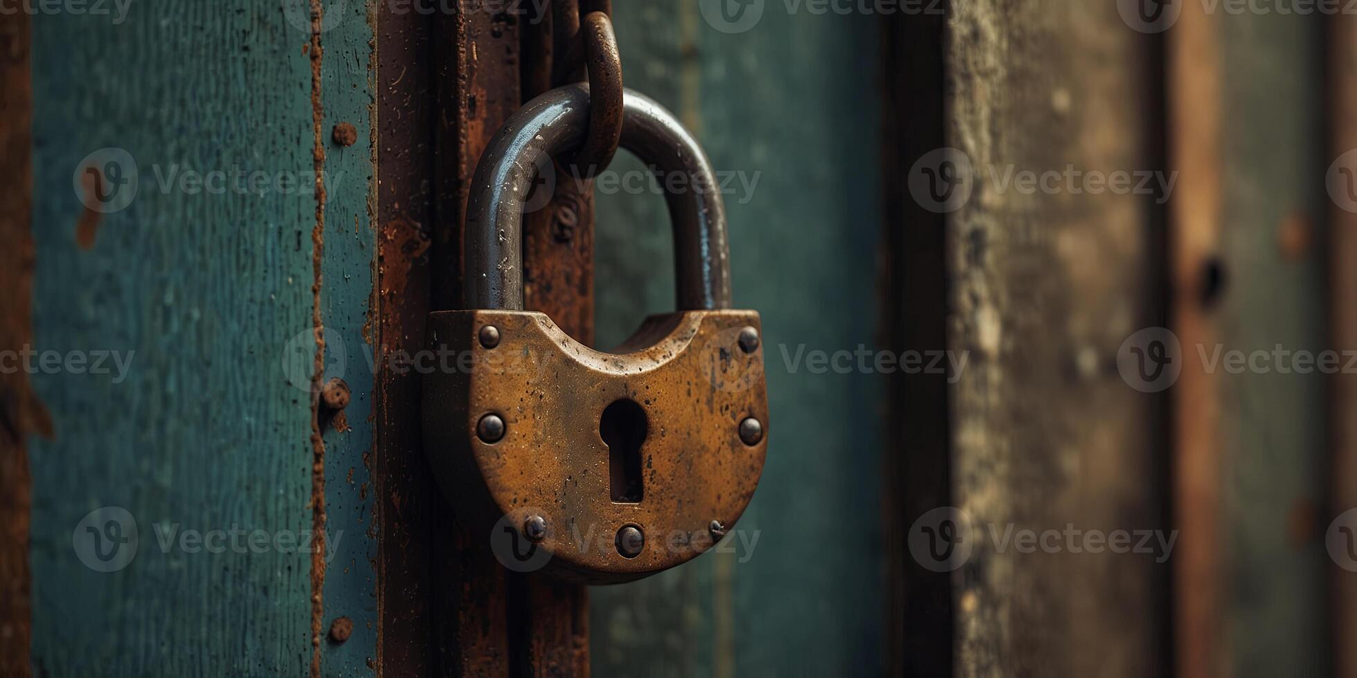 Close up of an antique iron padlock mounted on a metal door creating copy space within the image. photo