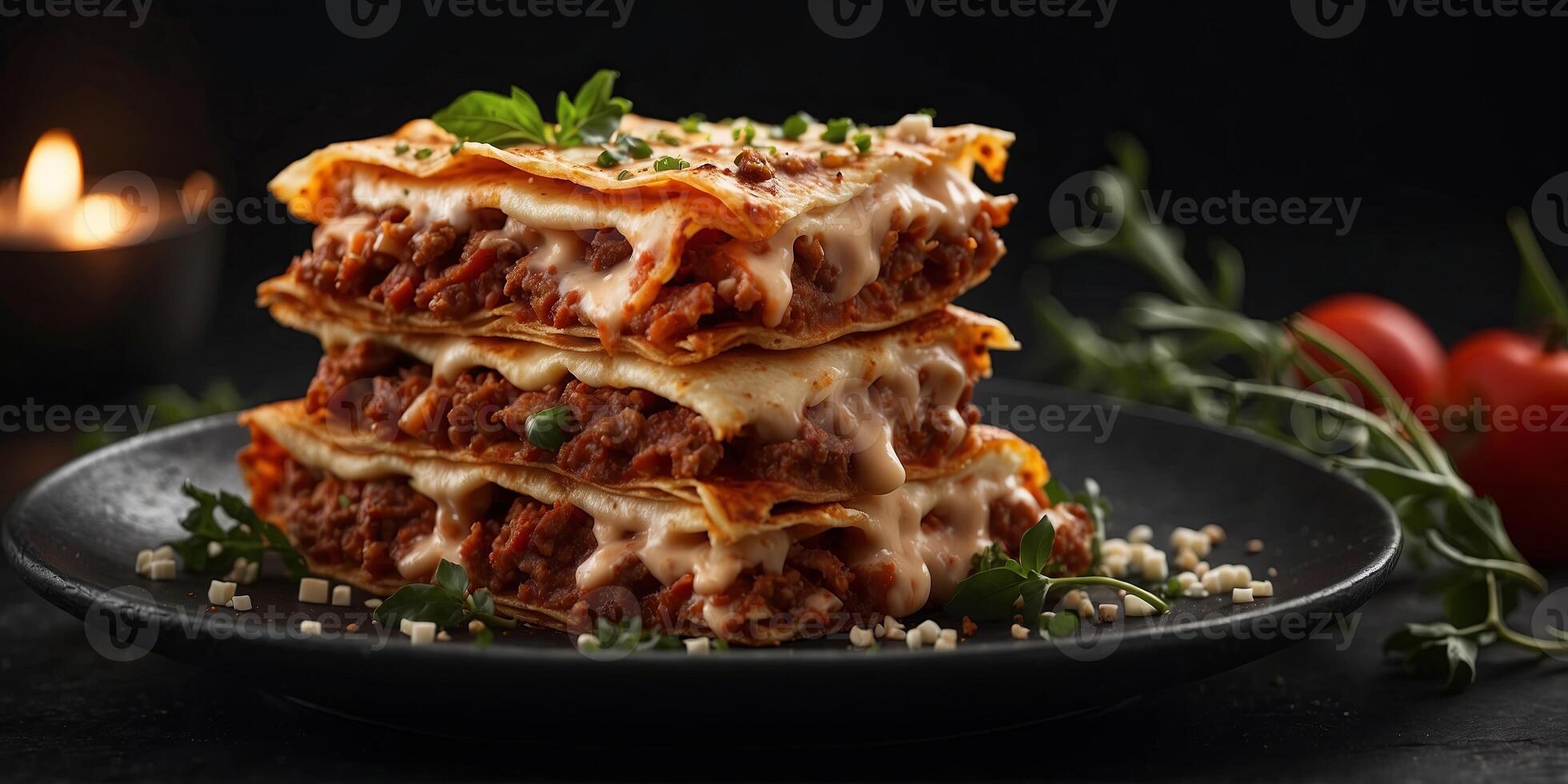 lasagna piece plate with meat and cheese close-up on dark black background. photo