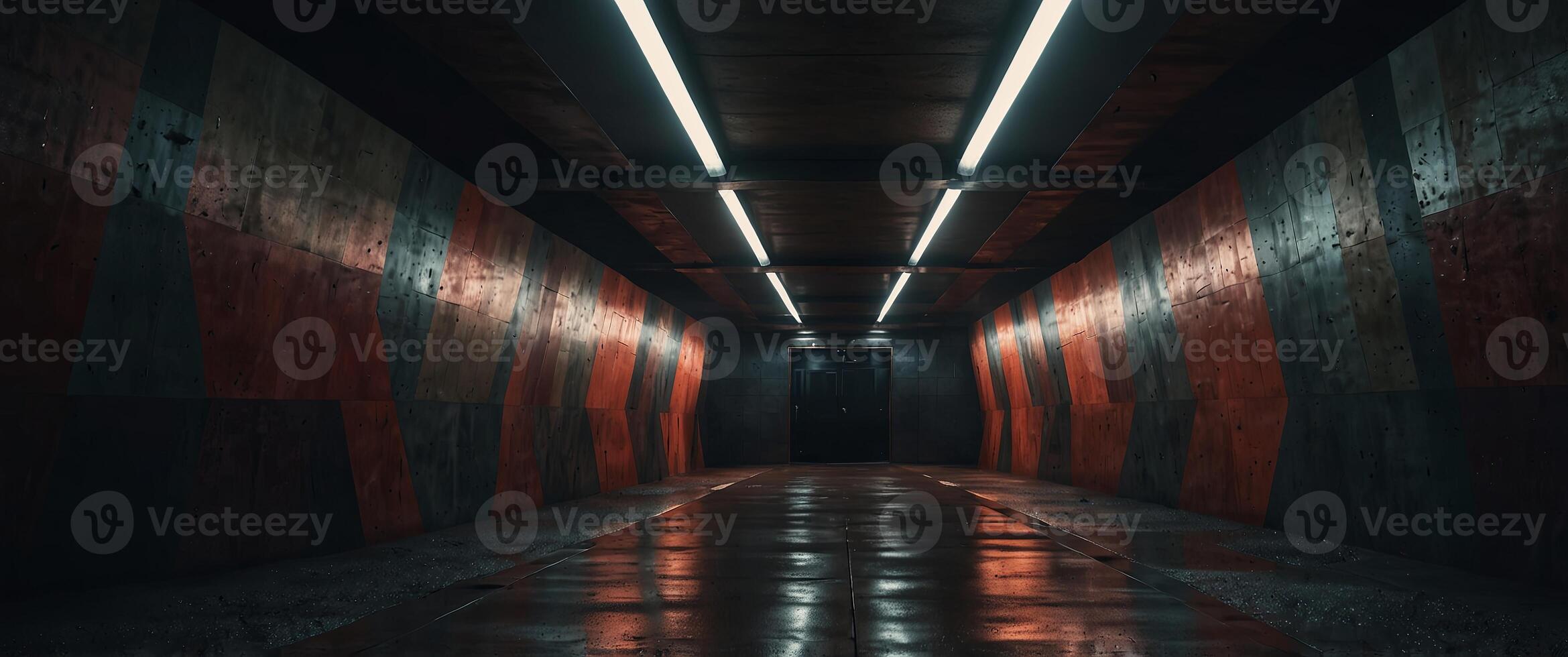 A kaleidoscopic view of an underground tunnel intricately lined with geometric pillars. photo