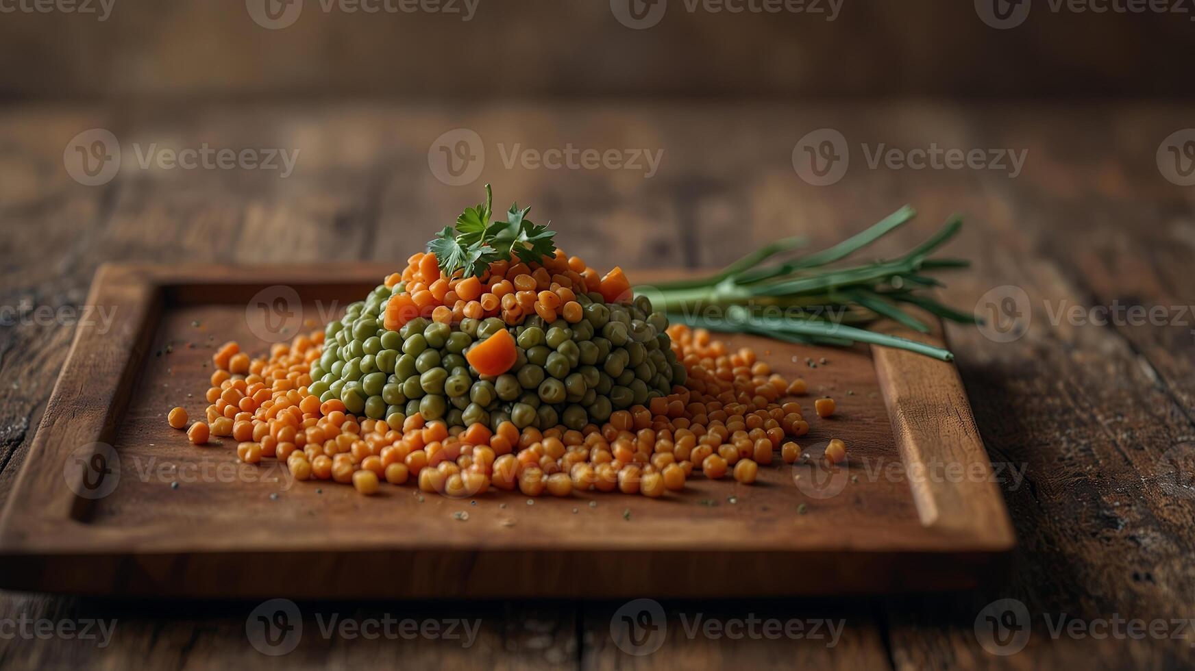 Healthy vegetarian food concept portrayed with mung beans on a wood square plate and scattered red lentils next to it in a flat lay copy space image. photo