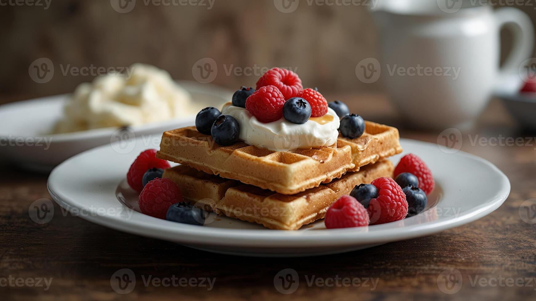 baked waffles on a white plate decorated with blueberries, raspberries and cream, concept of desserts, food, sweets. photo