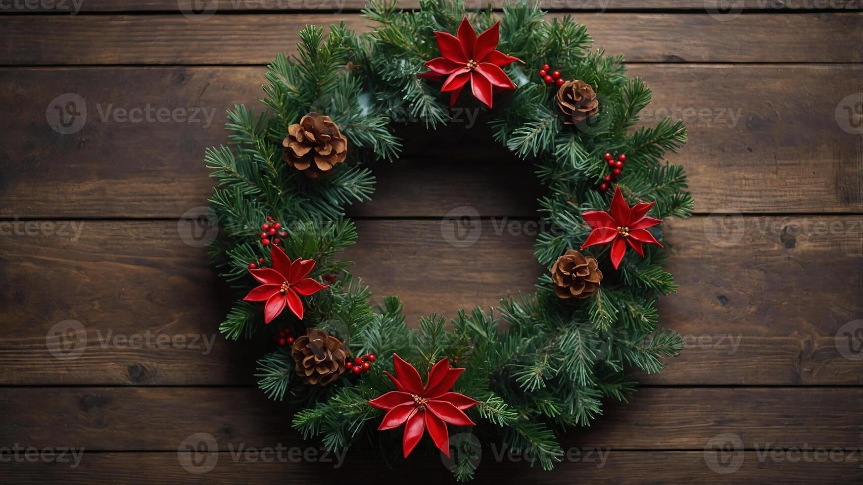 Top view of a Christmas wreath decoration on a wooden background with copy space image. photo