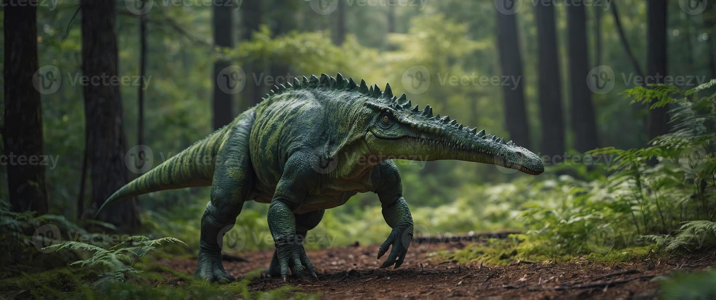 A green dinosaur with sharp teeth is walking through a forest. photo